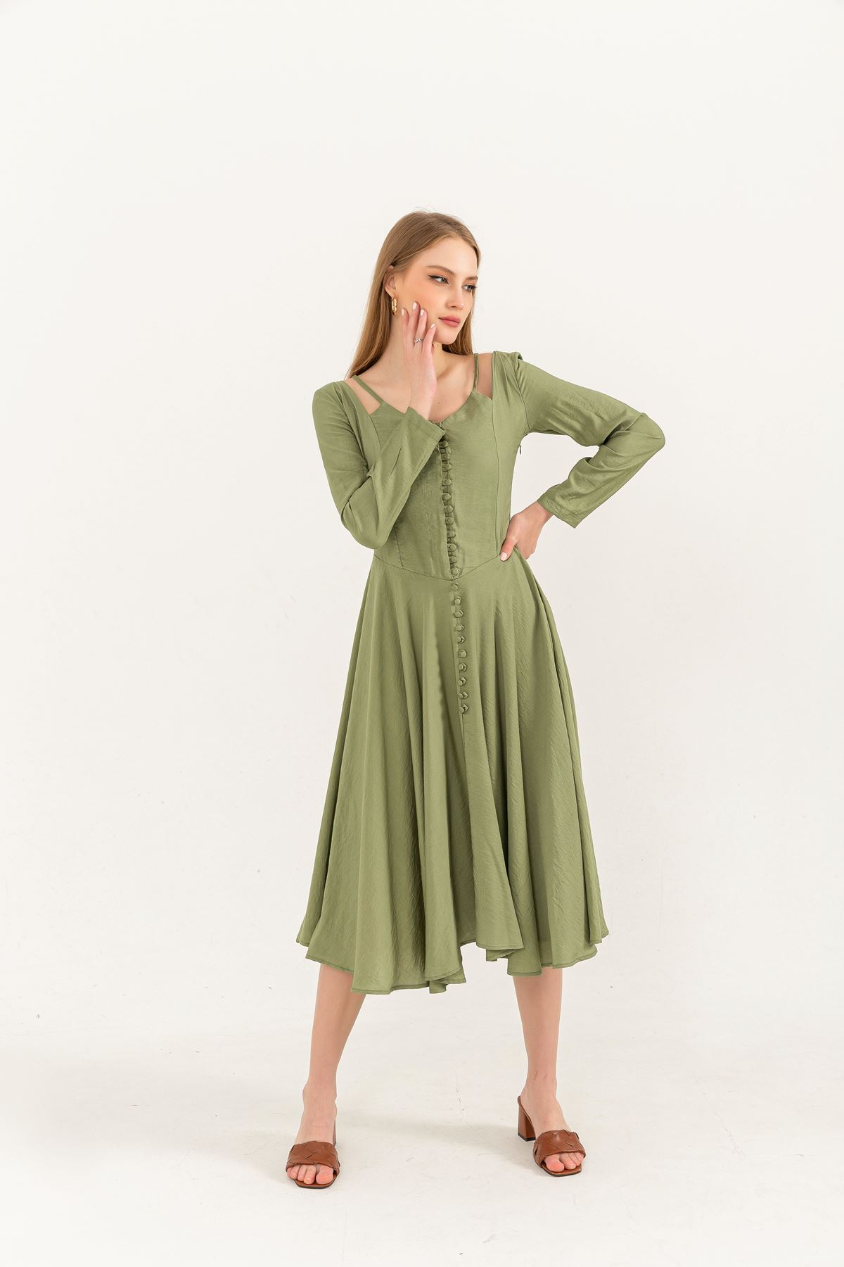 Seda Keten Kumaş Önü Düğmeli Askı Detaylı  Kadın Elbise-Mint