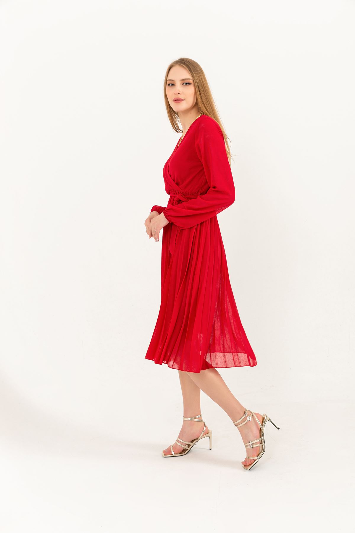 Chiffon Fabric Band Neck A Cut Pleated Dress-Red