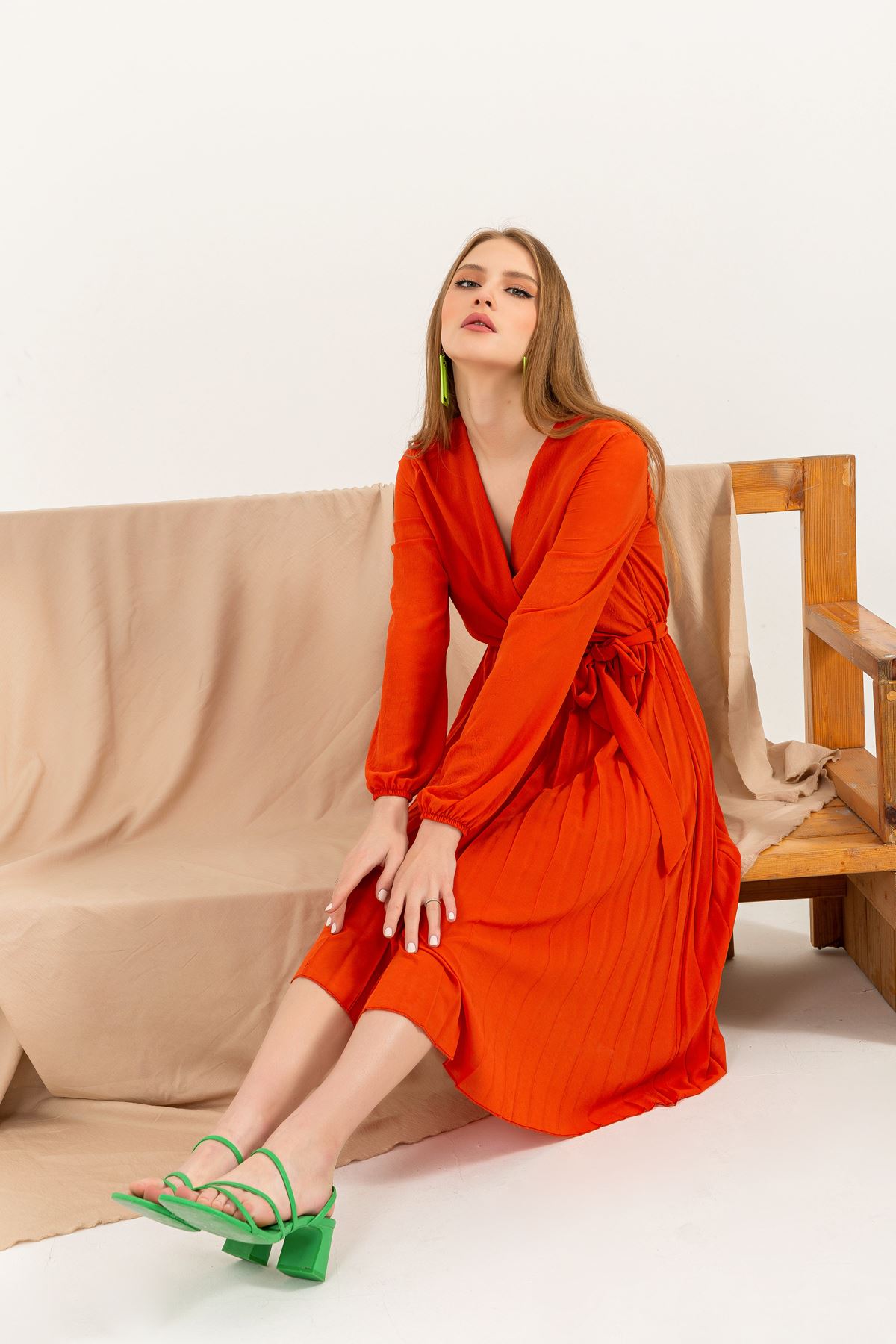 шифон ткань на запах плиссированное женское платье-Оранжевый