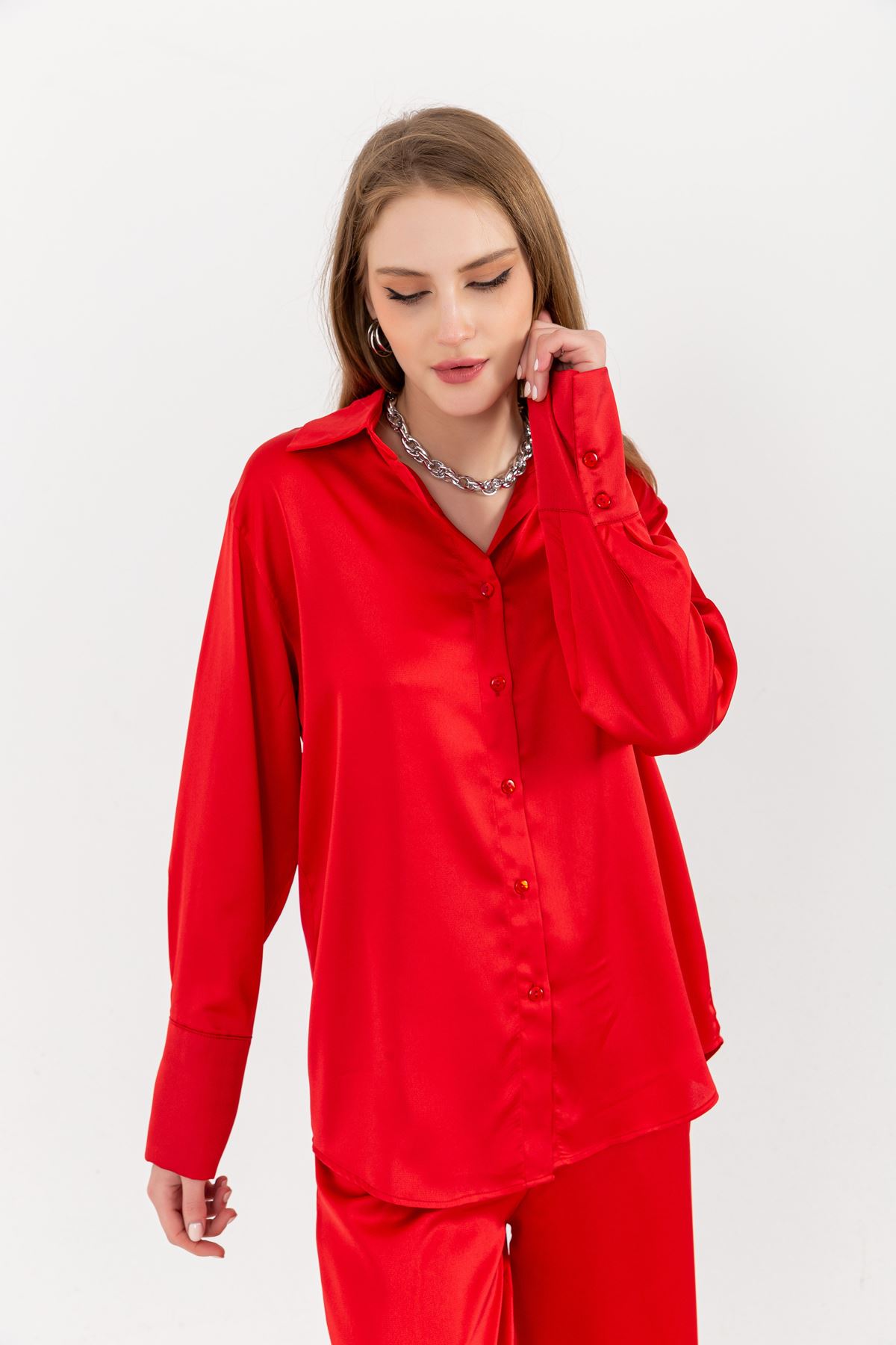 Linen Fabric Long Sleeve Oversize Women Shirt-Red
