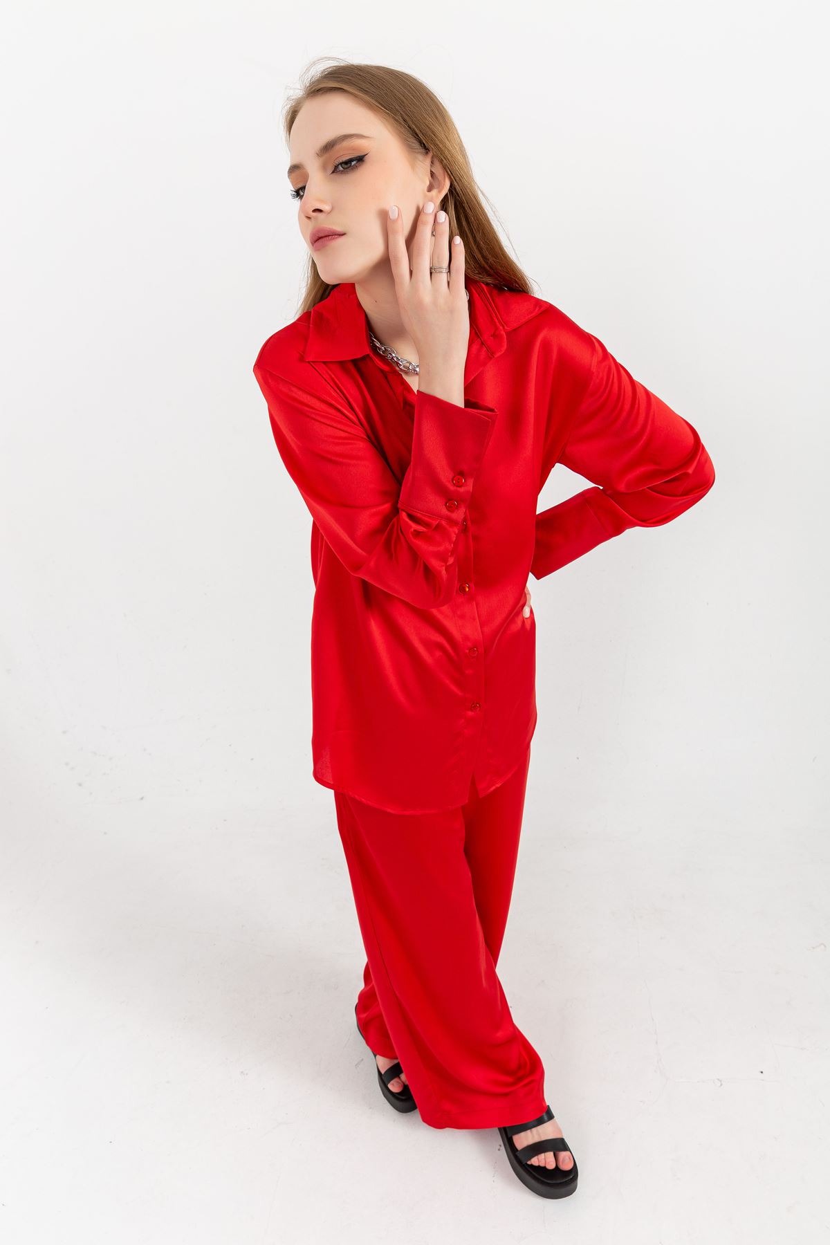Linen Fabric Long Sleeve Oversize Women Shirt-Red