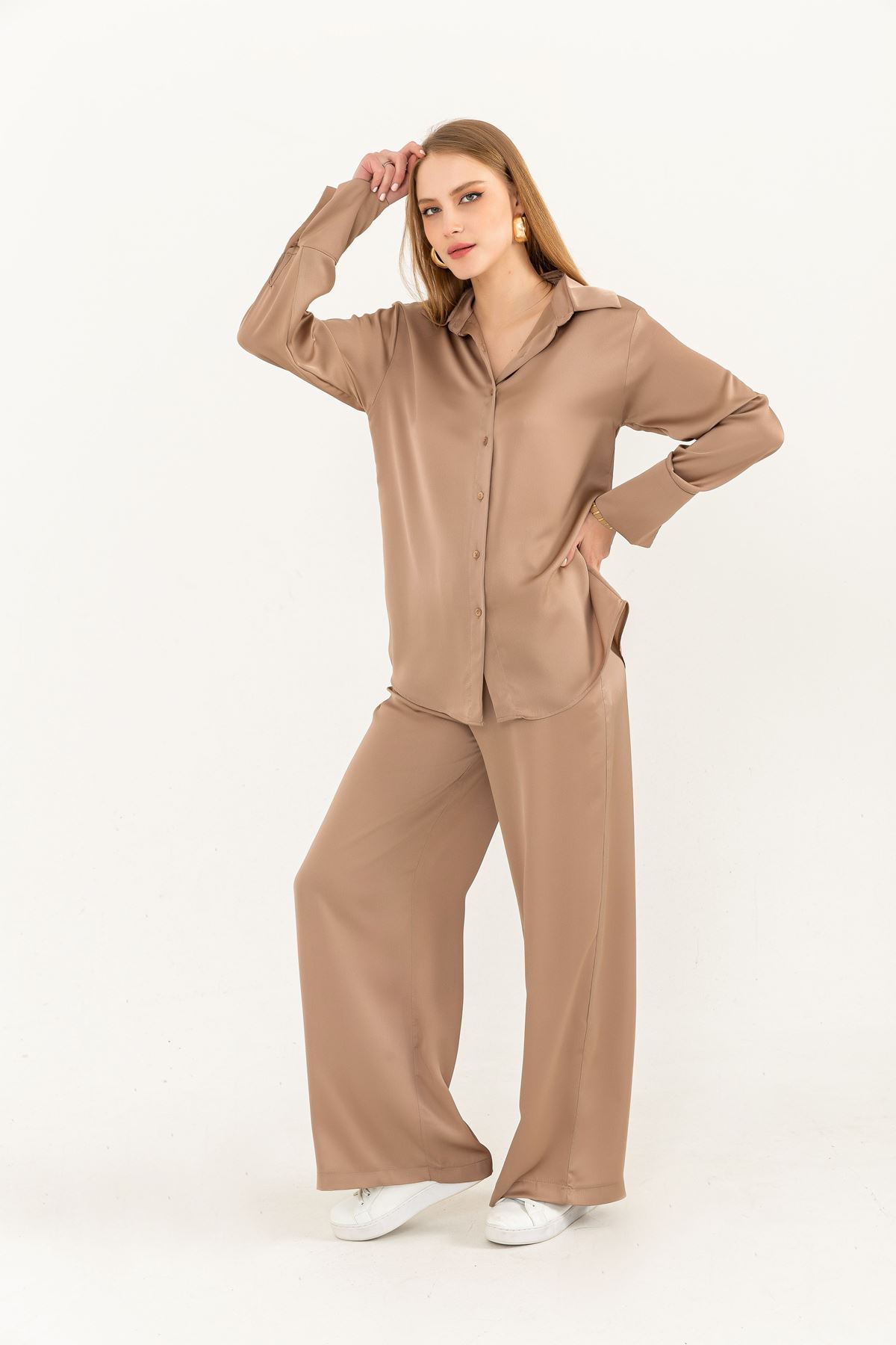 Linen Fabric Long Sleeve Oversize Women Shirt-Mink