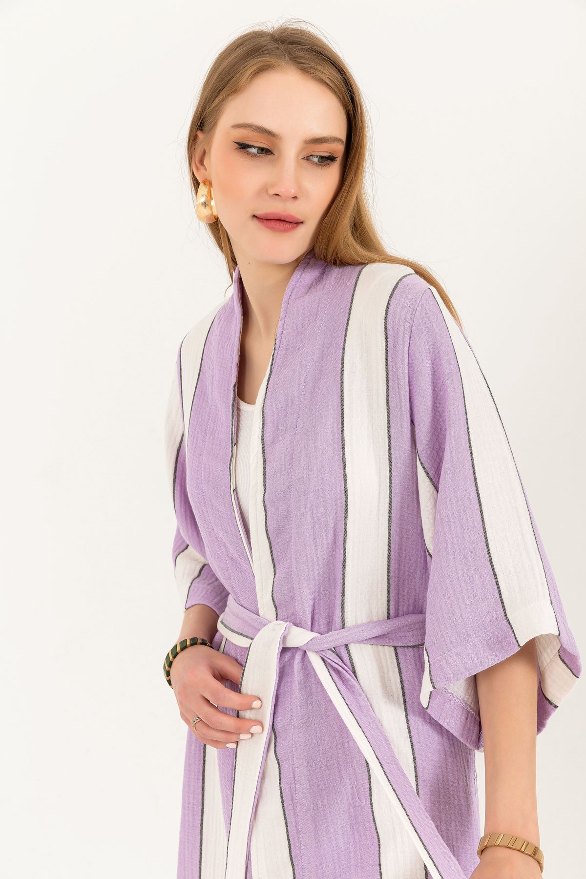 Muslin Fabric Shawl Collar Comfy Striped Women Kimono-Lilac