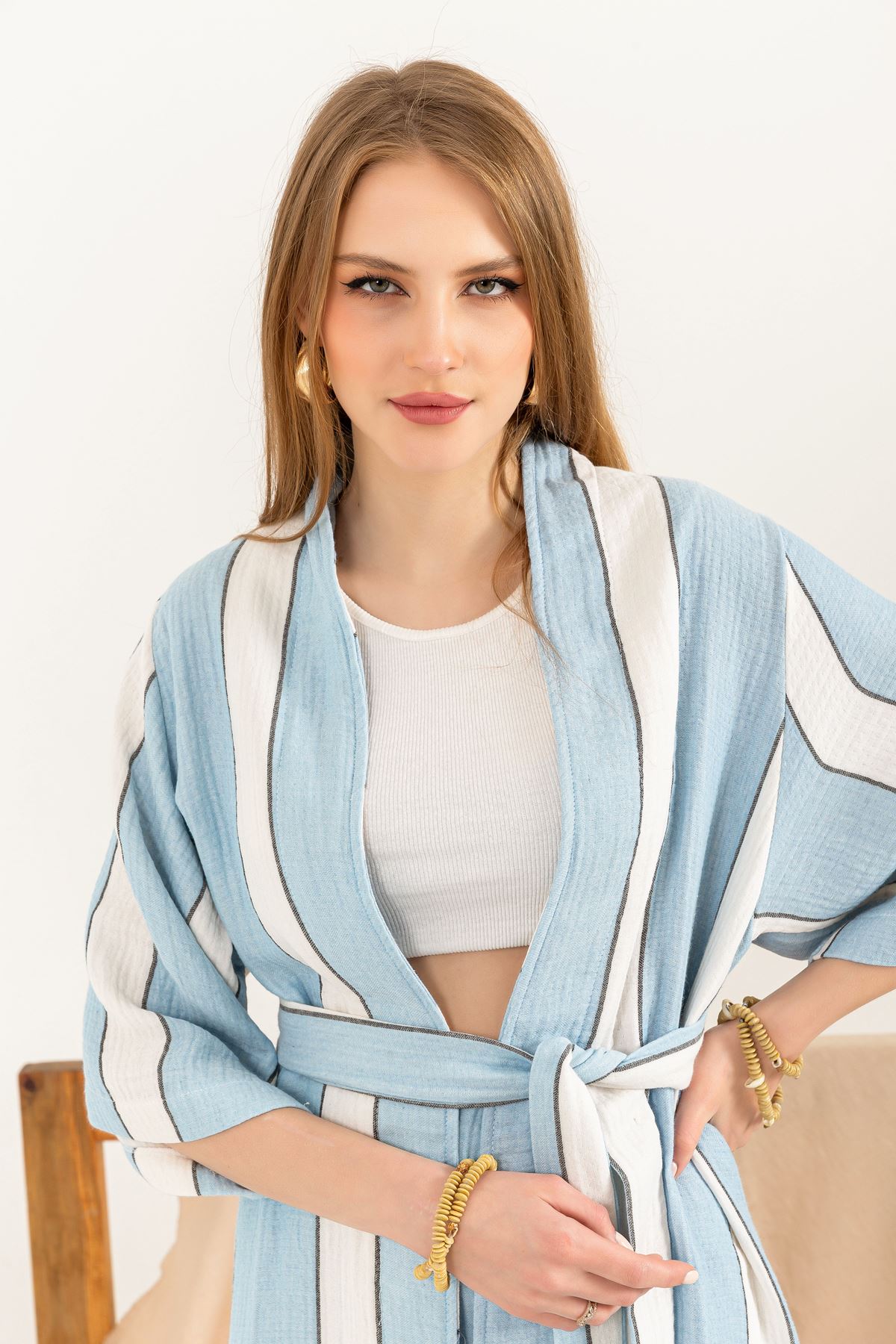 Muslin Fabric Shawl Collar Comfy Striped Women Kimono-Light Blue