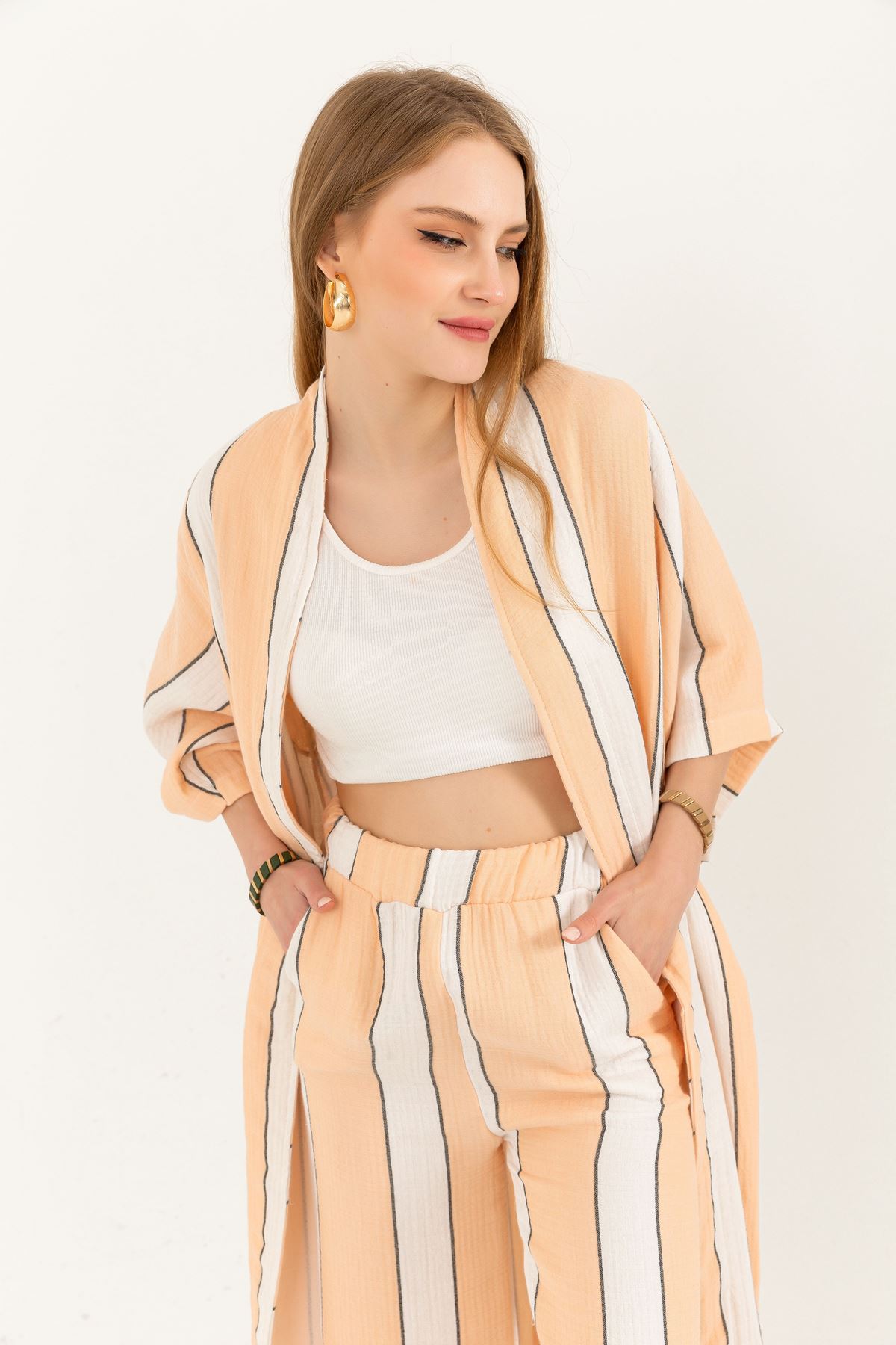 Muslin Fabric Shawl Collar Comfy Striped Women Kimono-Salmon Pink
