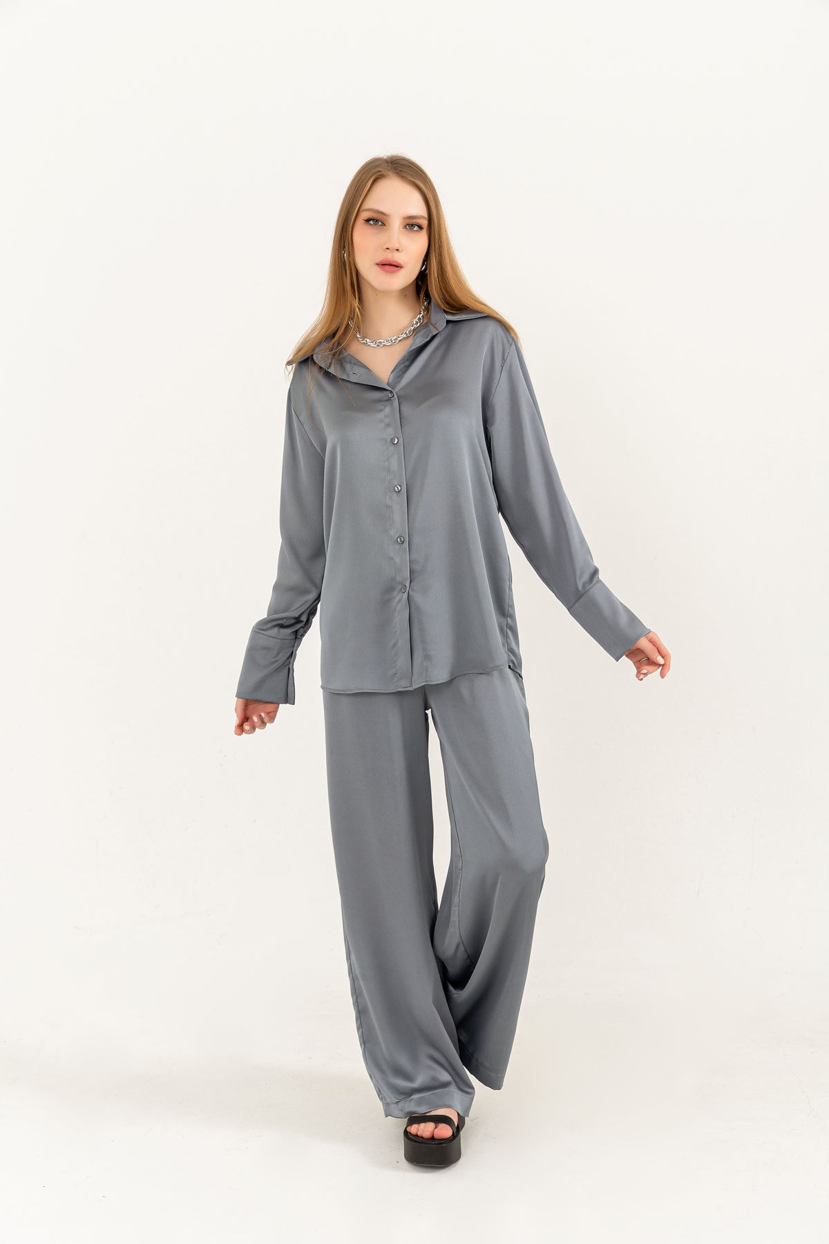 Eva Satin Fabric Long Comfy Women Trouser-Grey