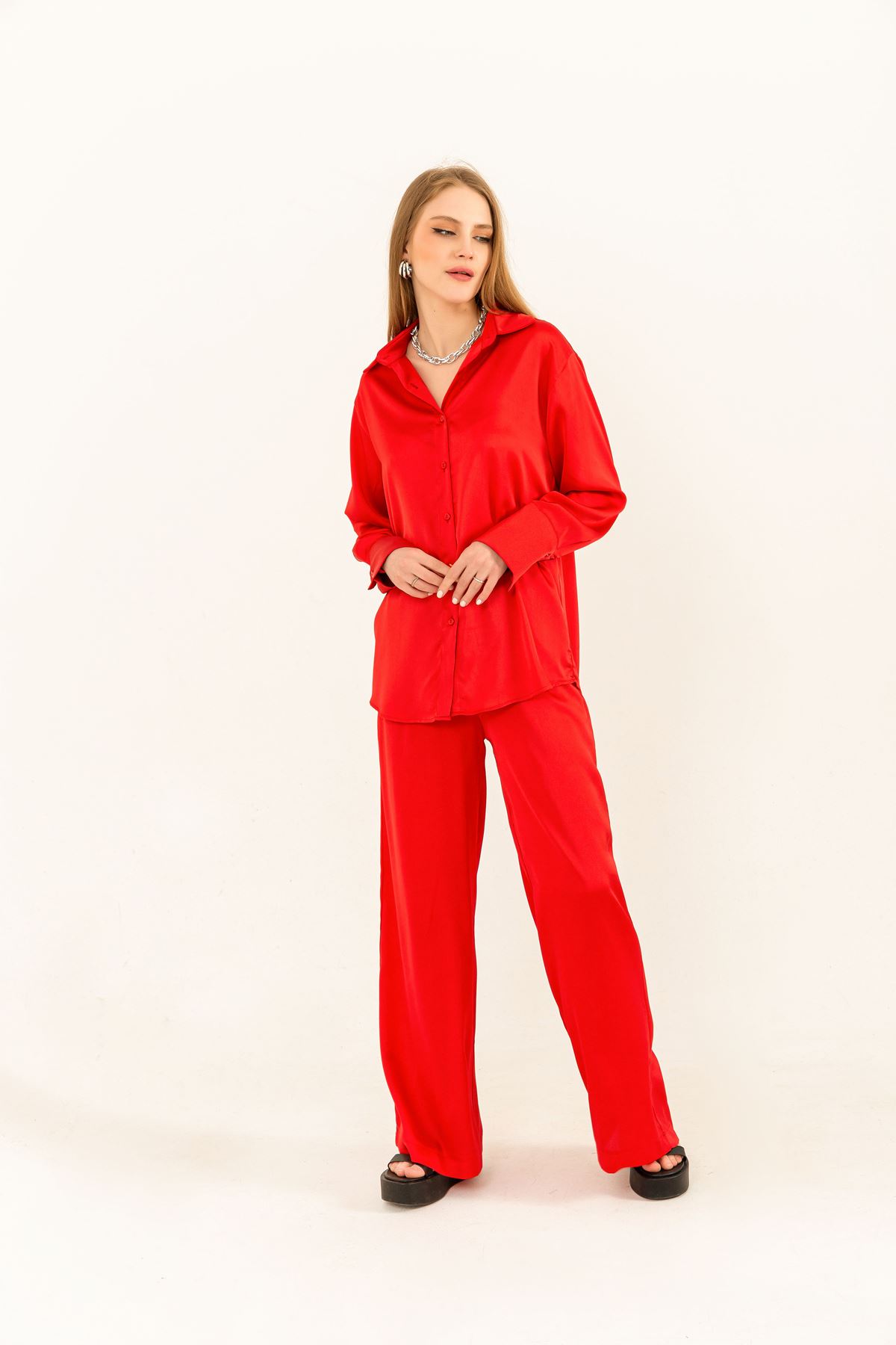 полиэстер ткань свободный покрой женские брюки-Kрасный