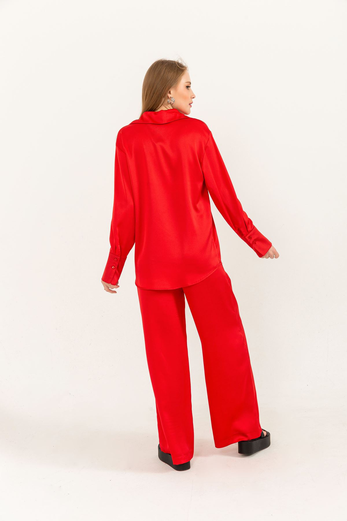 полиэстер ткань свободный покрой женские брюки-Kрасный