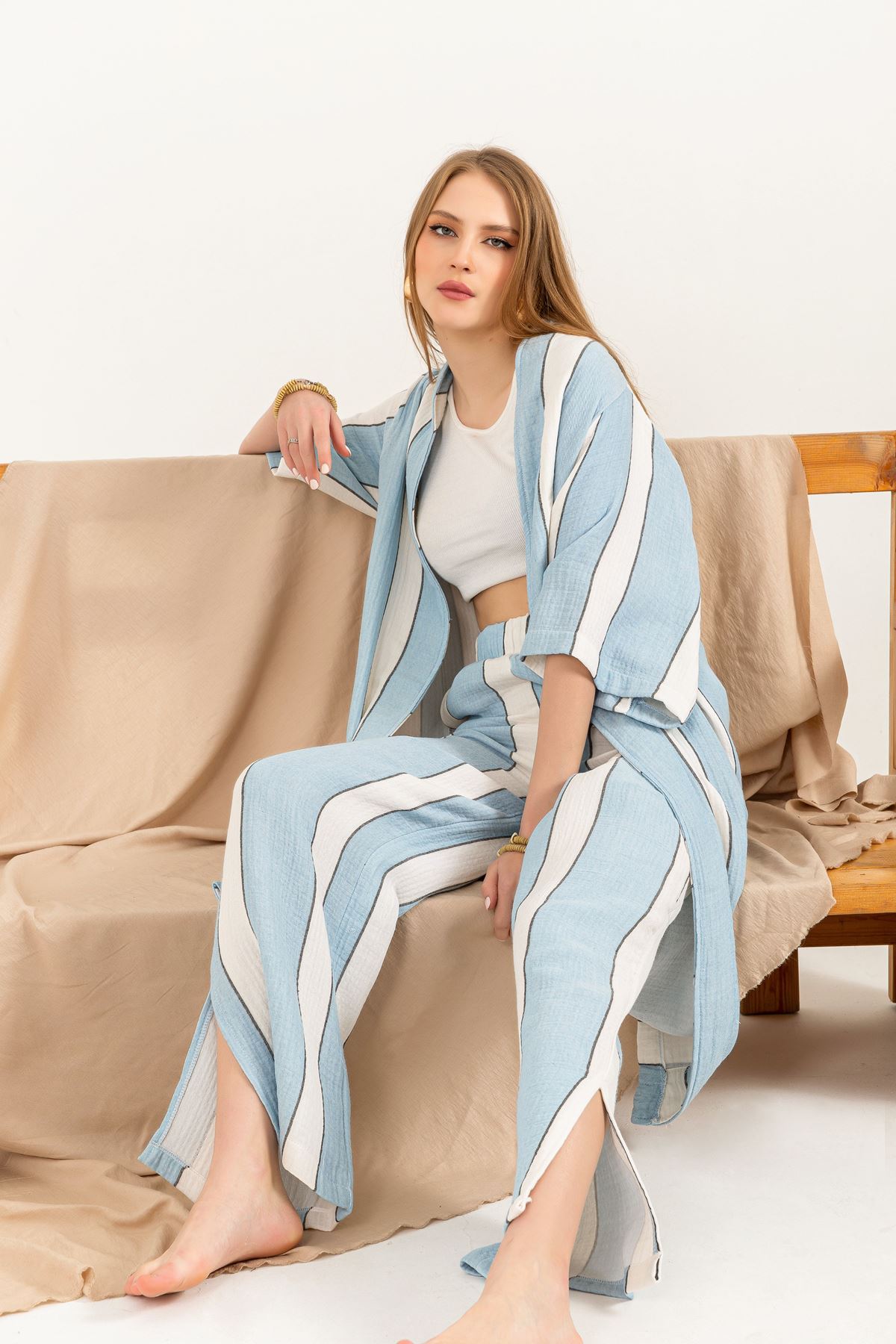 Muslin Fabric Comfy  Striped Women Trouser-Light Blue