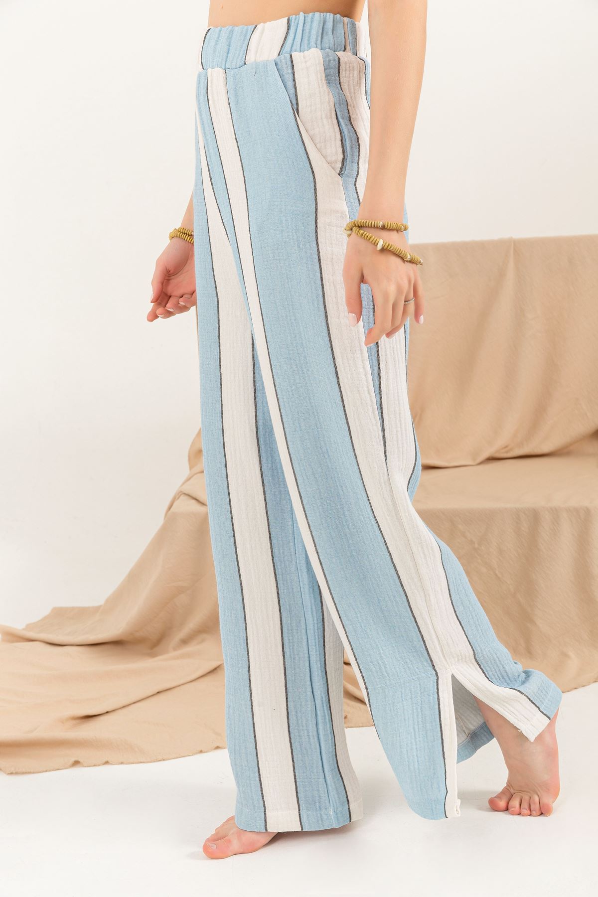 Muslin Fabric Comfy  Striped Women Trouser-Light Blue