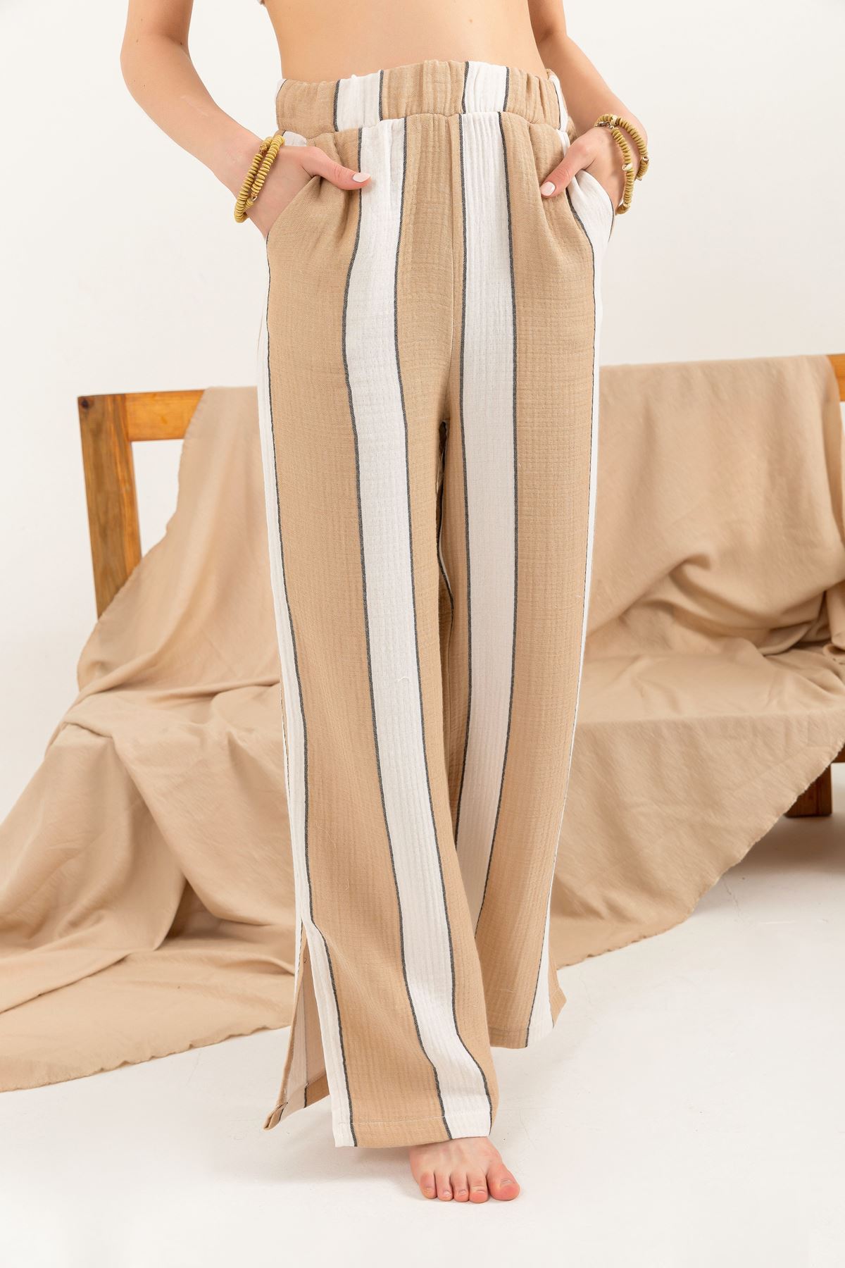 Muslin Fabric Comfy  Striped Women Trouser-Camel Brown