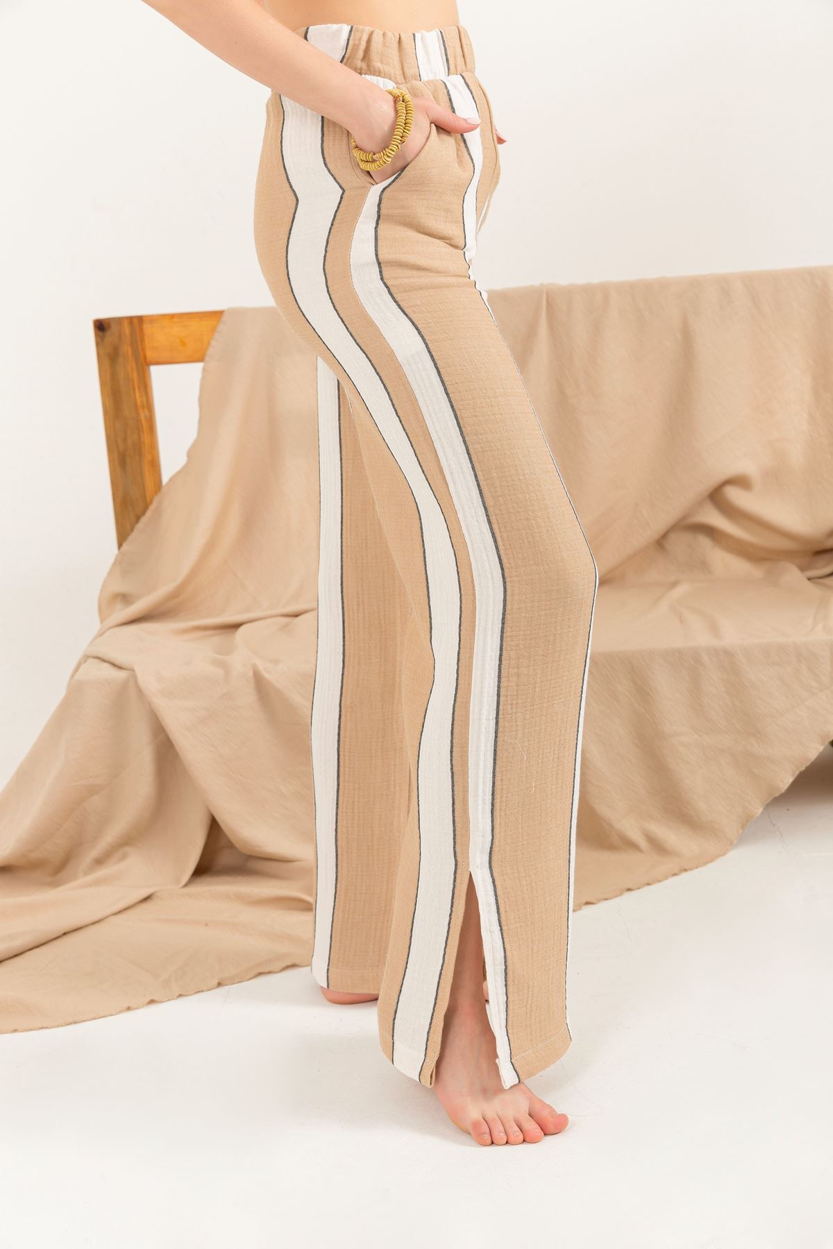 муслин ткань широкие женские брюки в полоску-Коричневый