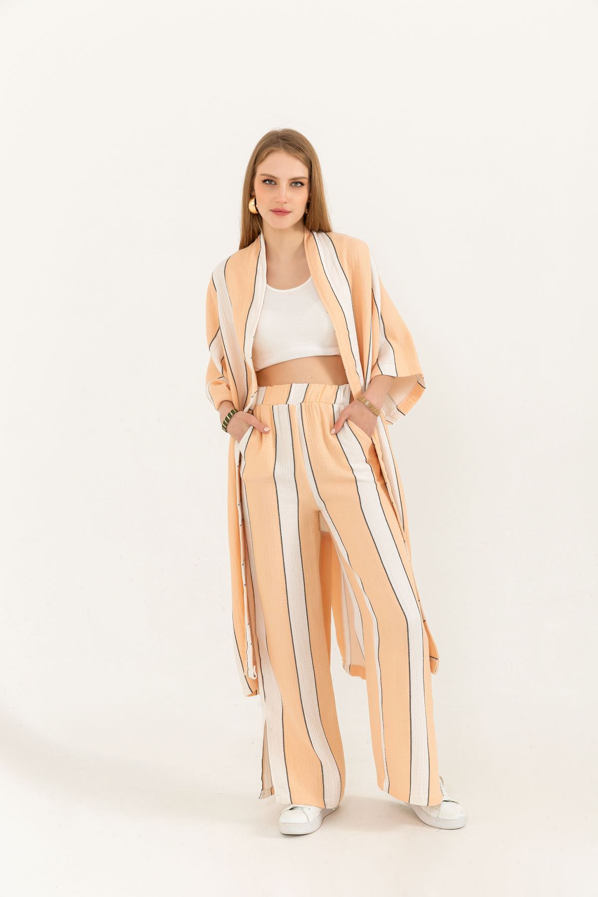 Muslin Fabric Comfy  Striped Women Trouser-Salmon Pink