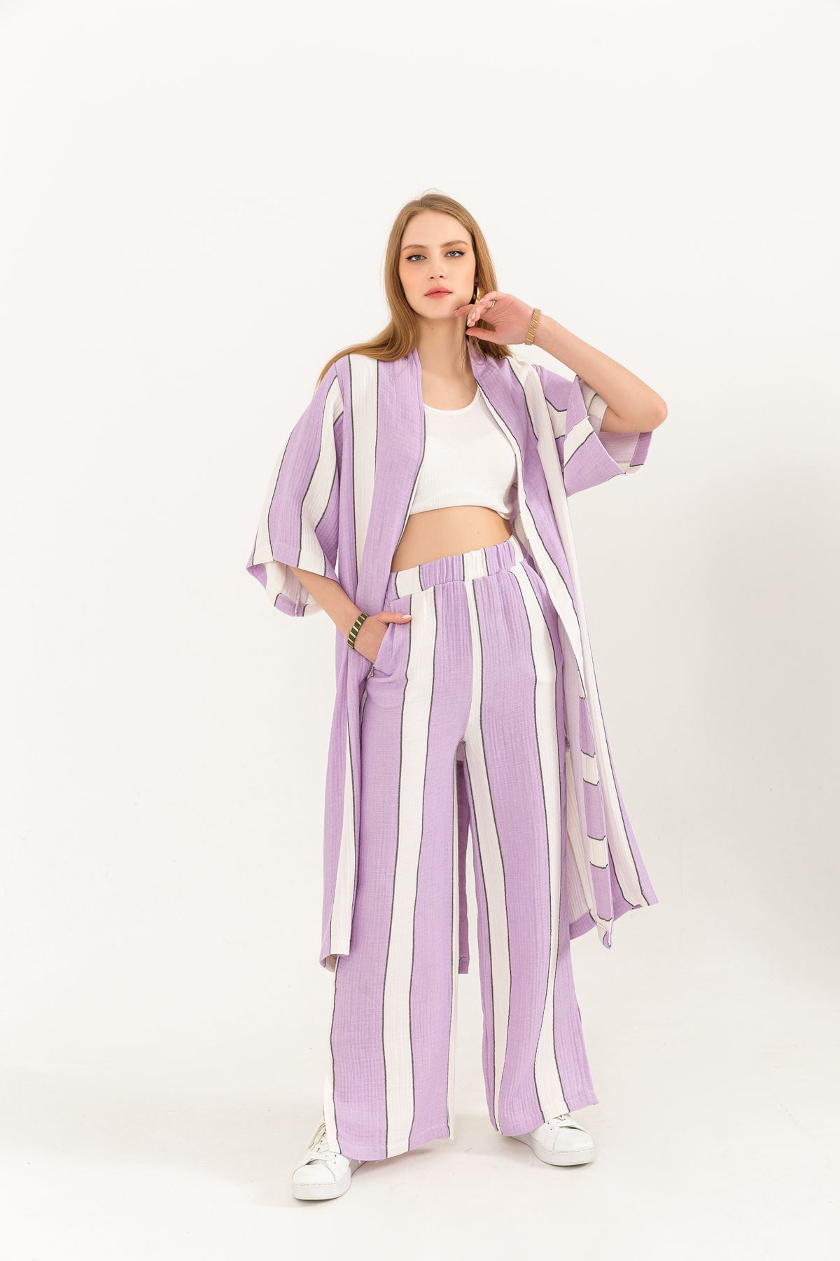 Muslin Fabric Comfy  Striped Women Trouser-Lilac