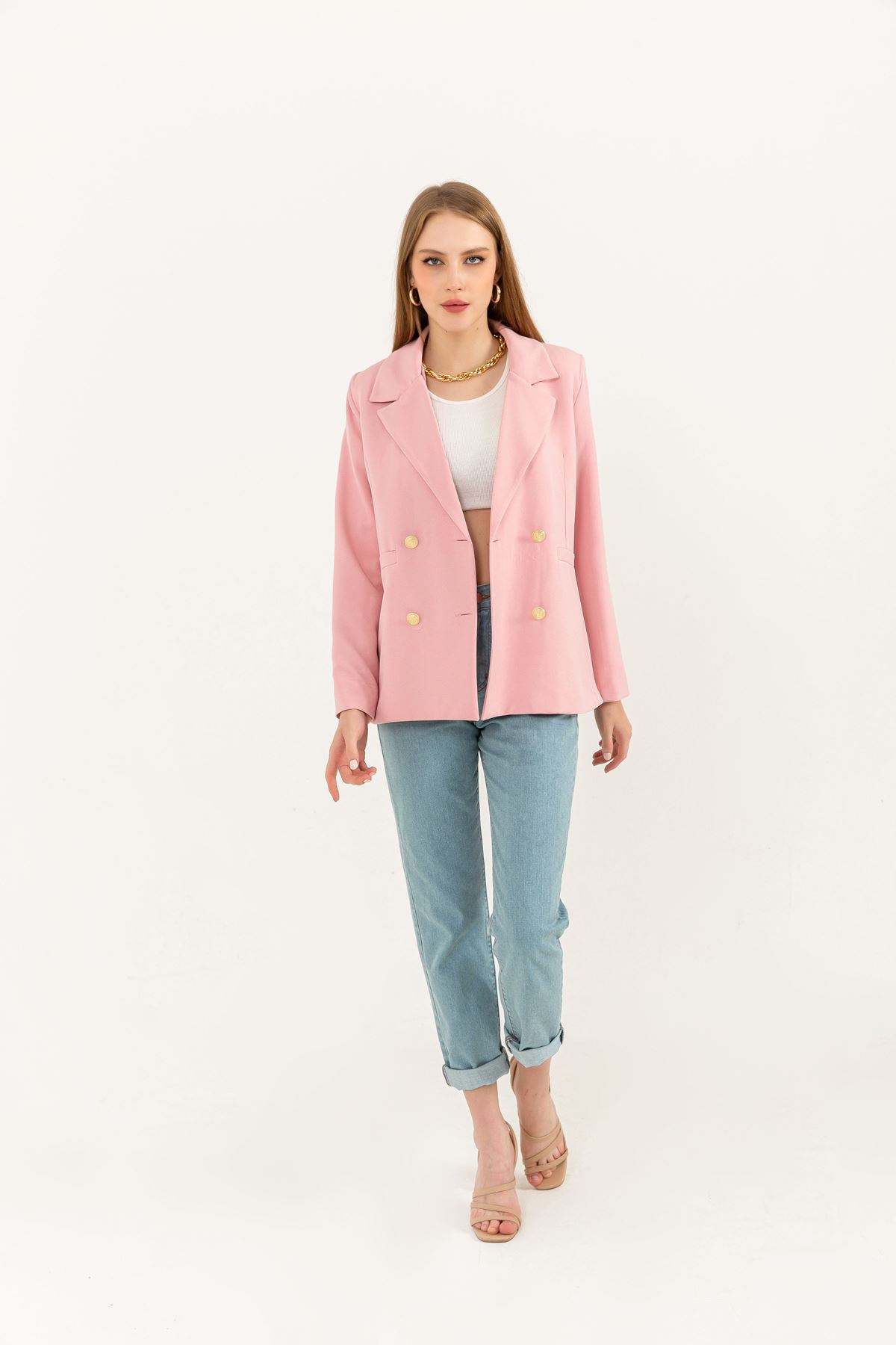 атлас ткань длинный рукав женский пиджак-Светло розовый