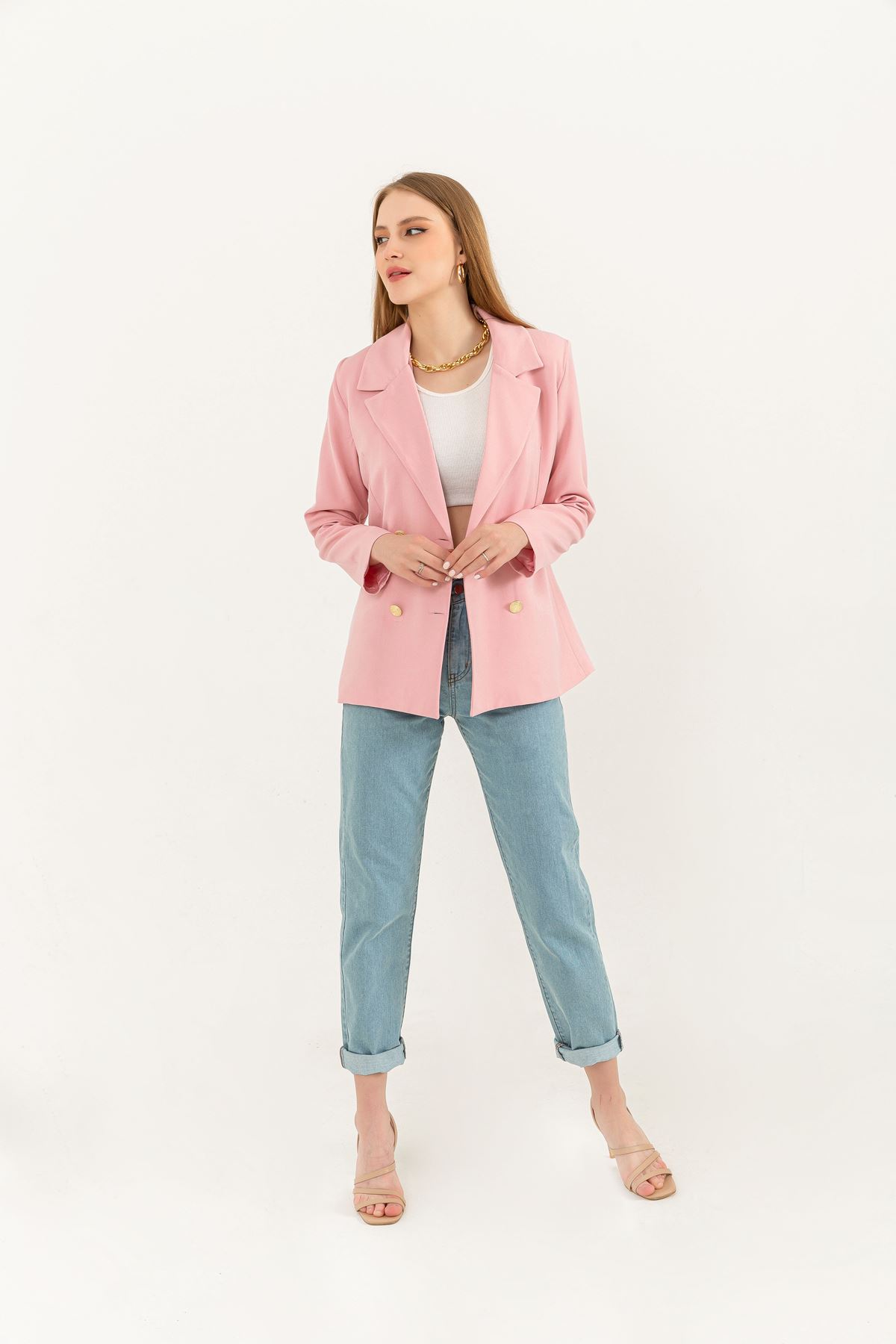 атлас ткань длинный рукав женский пиджак-Светло розовый