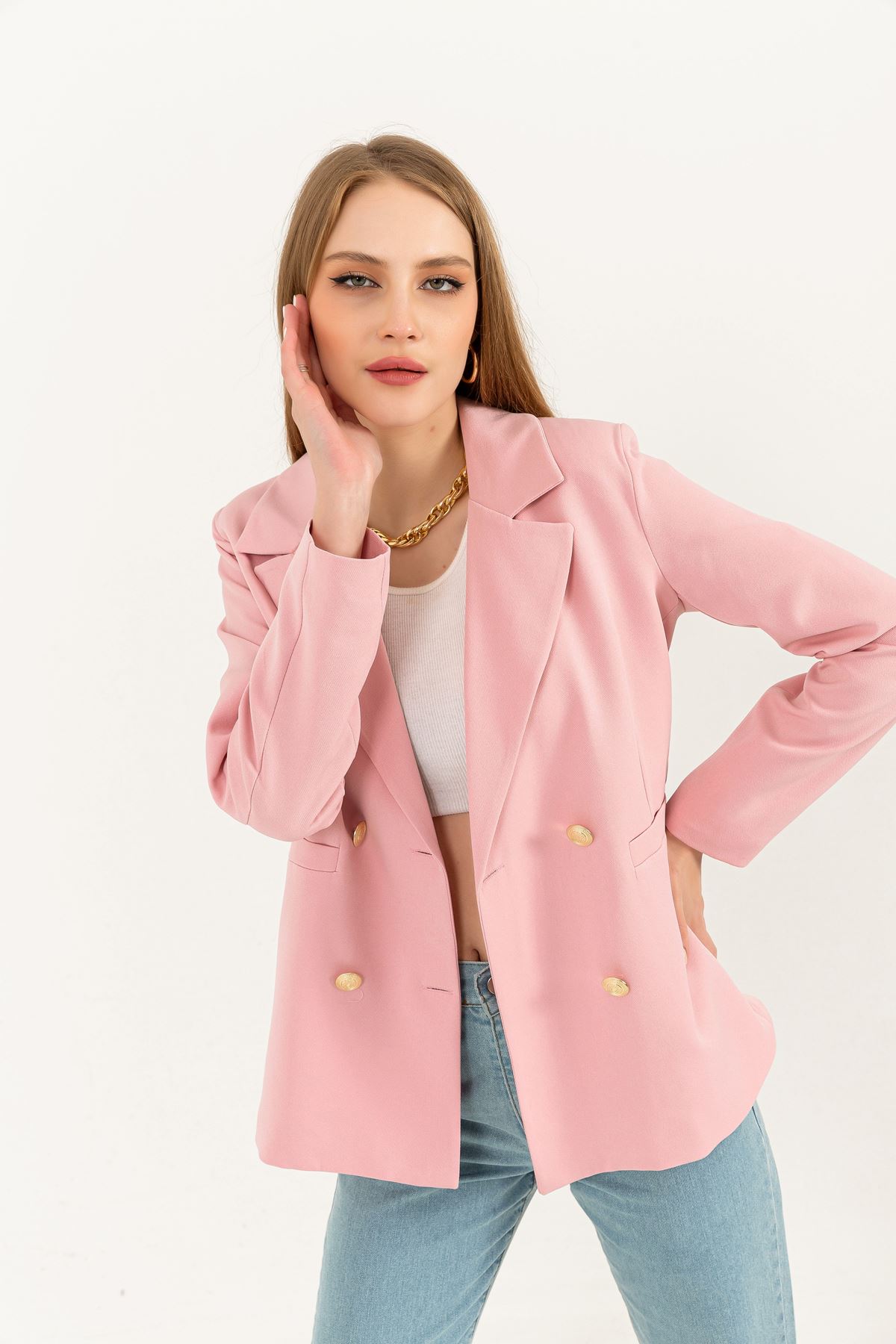 Atlas Fabric Long Sleeve Hip Height Women Blazzer Jacket-Light Pink