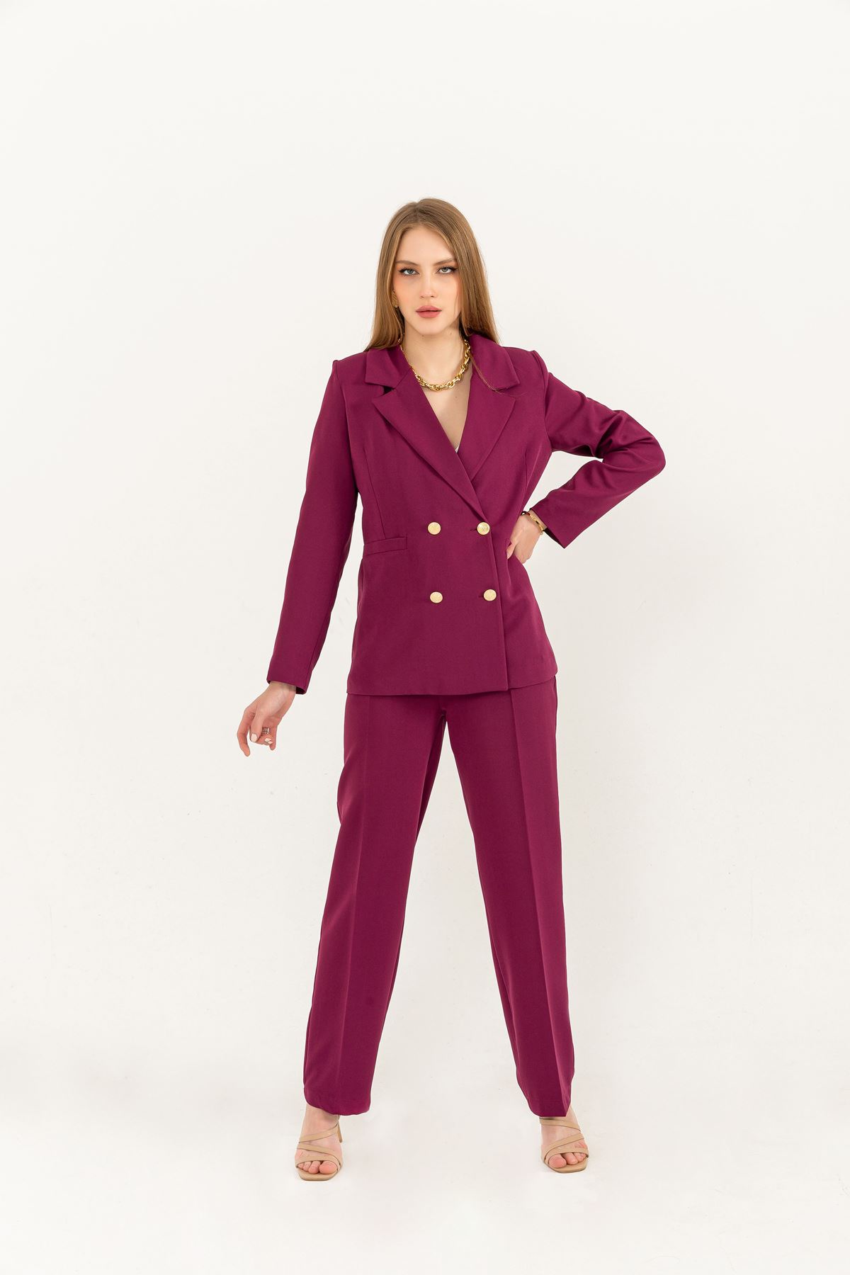Atlas Fabric Long Sleeve Hip Height Women Blazzer Jacket-Plum 