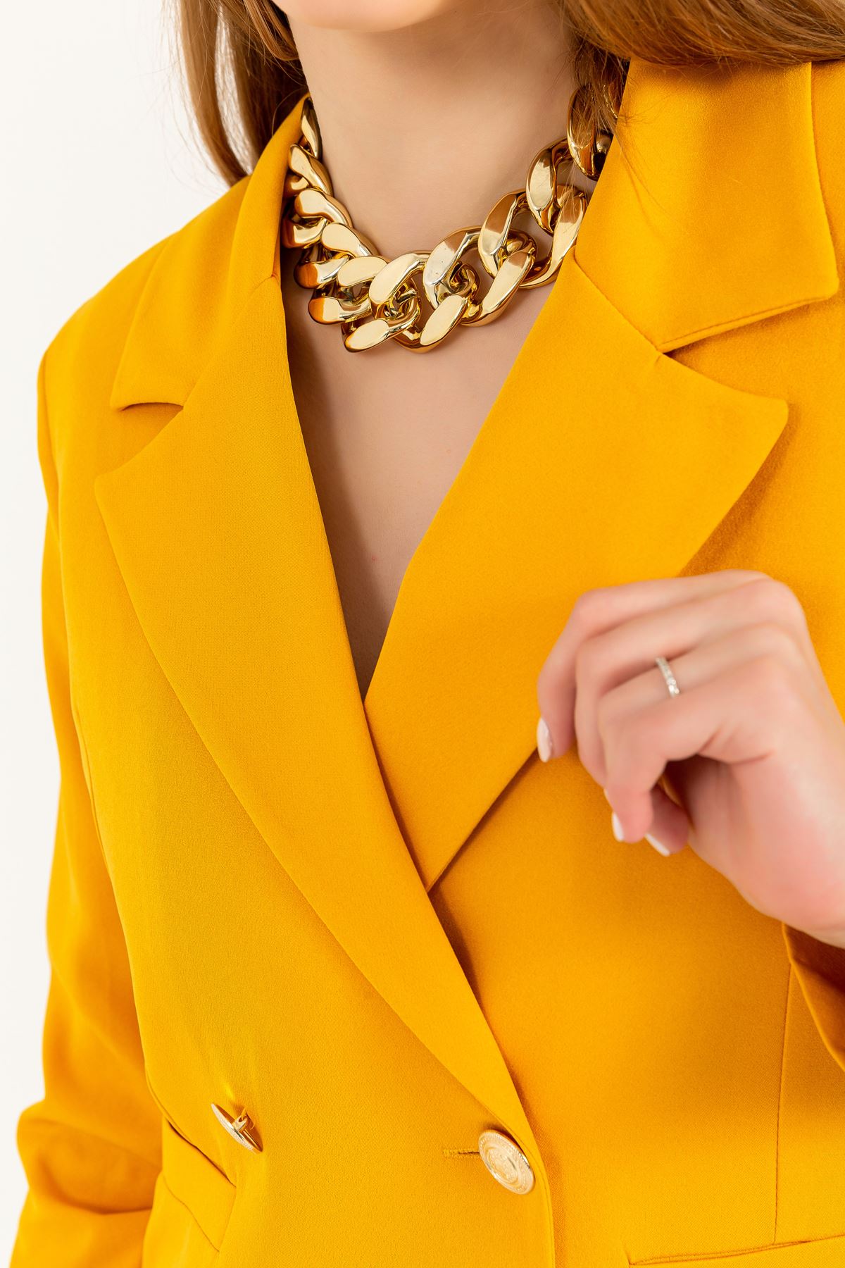 Atlas Fabric Long Sleeve Hip Height Women Blazzer Jacket-Mustard