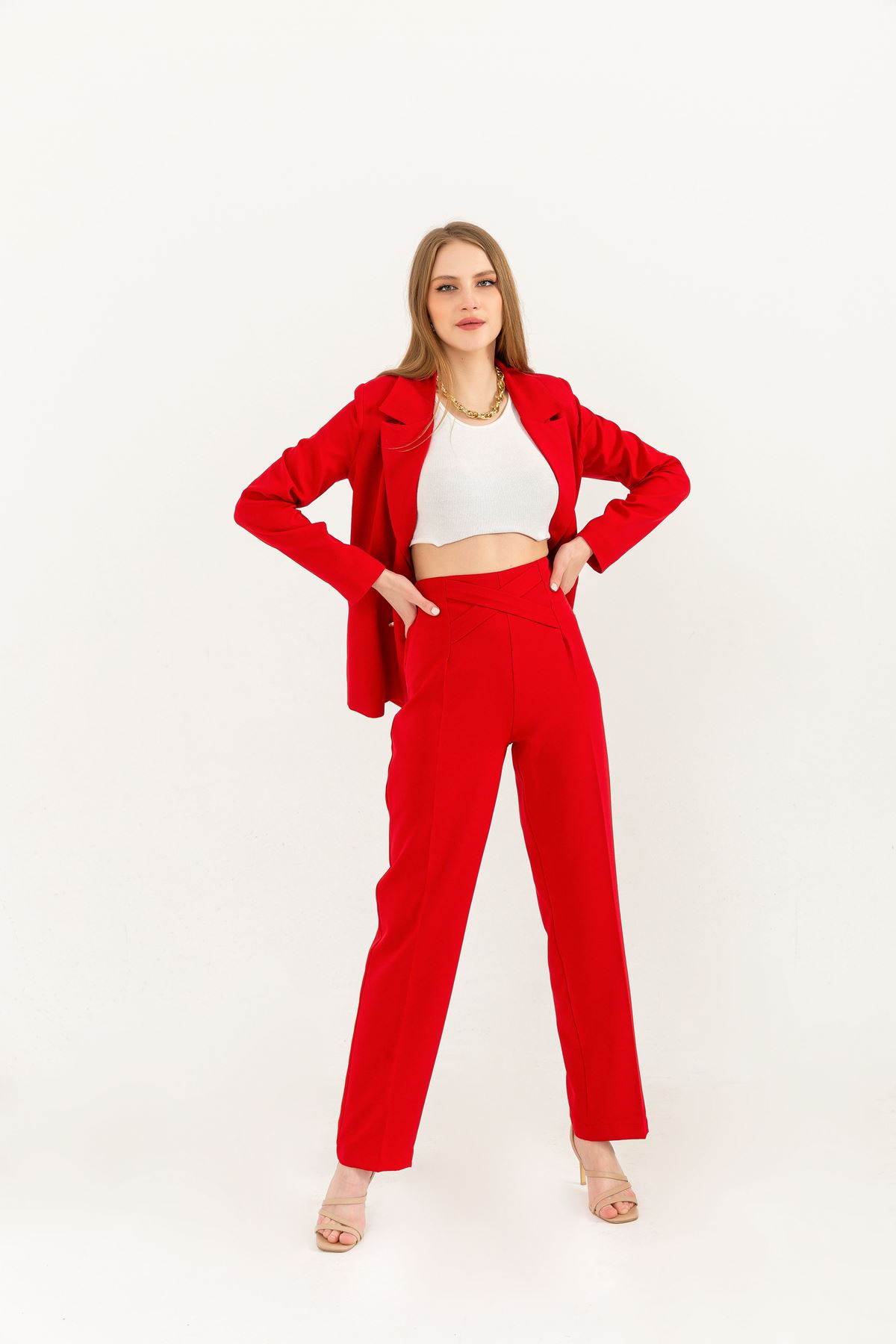 Atlas Kumaş Uzun Kollu Basen Boy Kadın Palazzo Ceket-Kırmızı