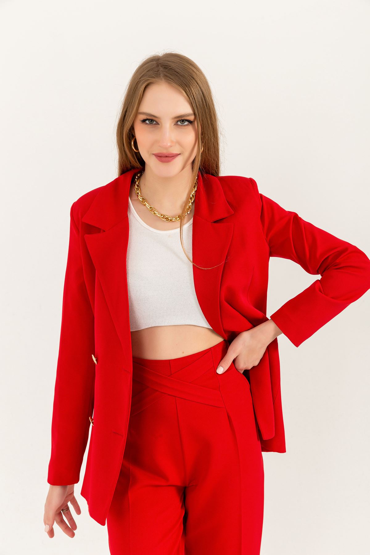 атлас ткань длинный рукав женский пиджак-Kрасный