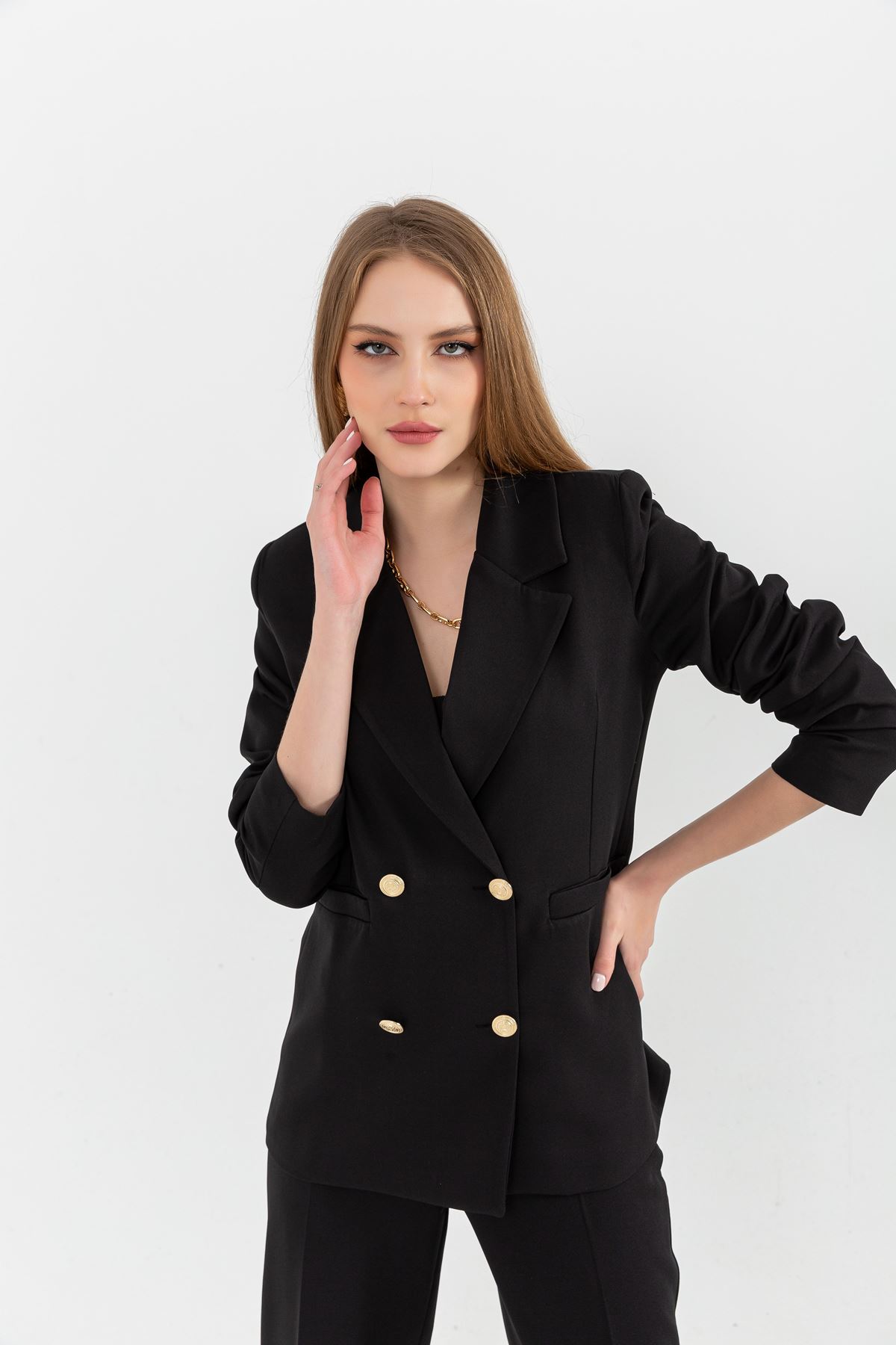 Atlas Fabric Long Sleeve Hip Height Women Blazzer Jacket-Black