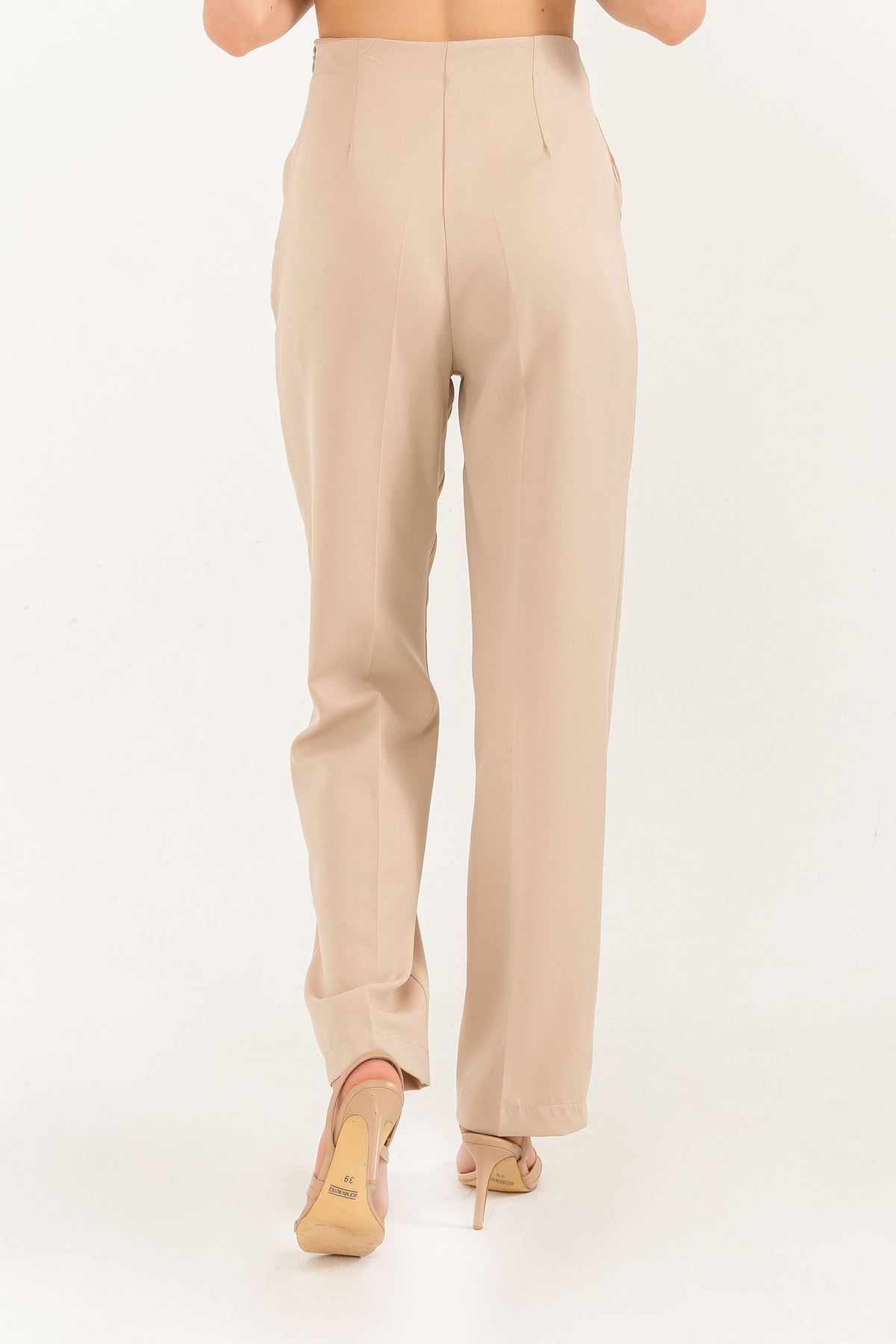 Atlas Kumaş Uzun Boy Bel Detaylı Klasik Kadın Pantolon-Bej