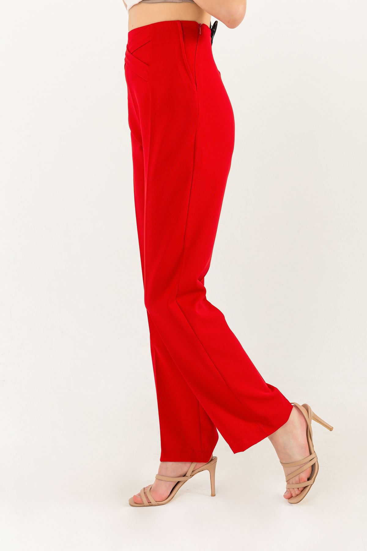 Atlas Kumaş Uzun Boy Bel Detaylı Klasik Kadın Pantolon-Kırmızı