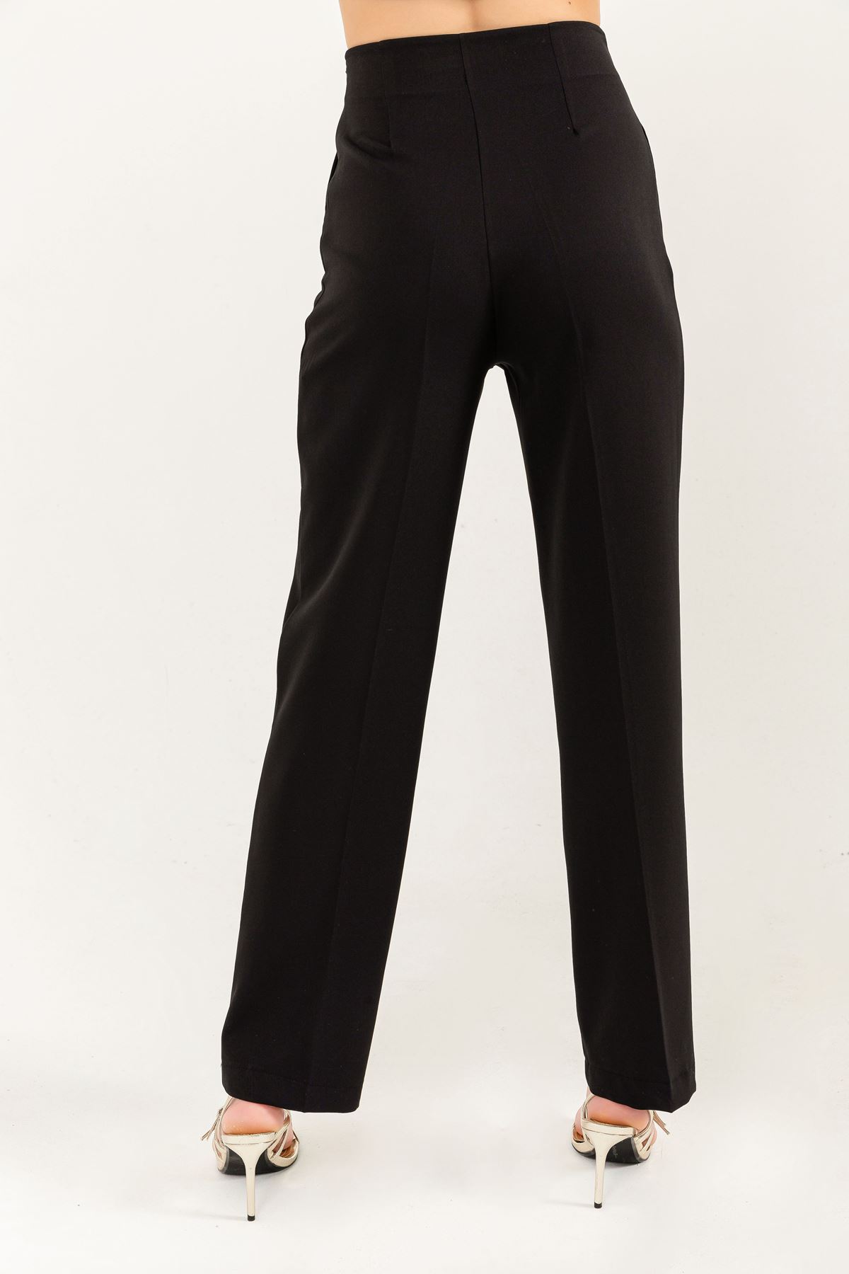 Atlas Kumaş Uzun Boy Bel Detaylı Klasik Kadın Pantolon-Siyah
