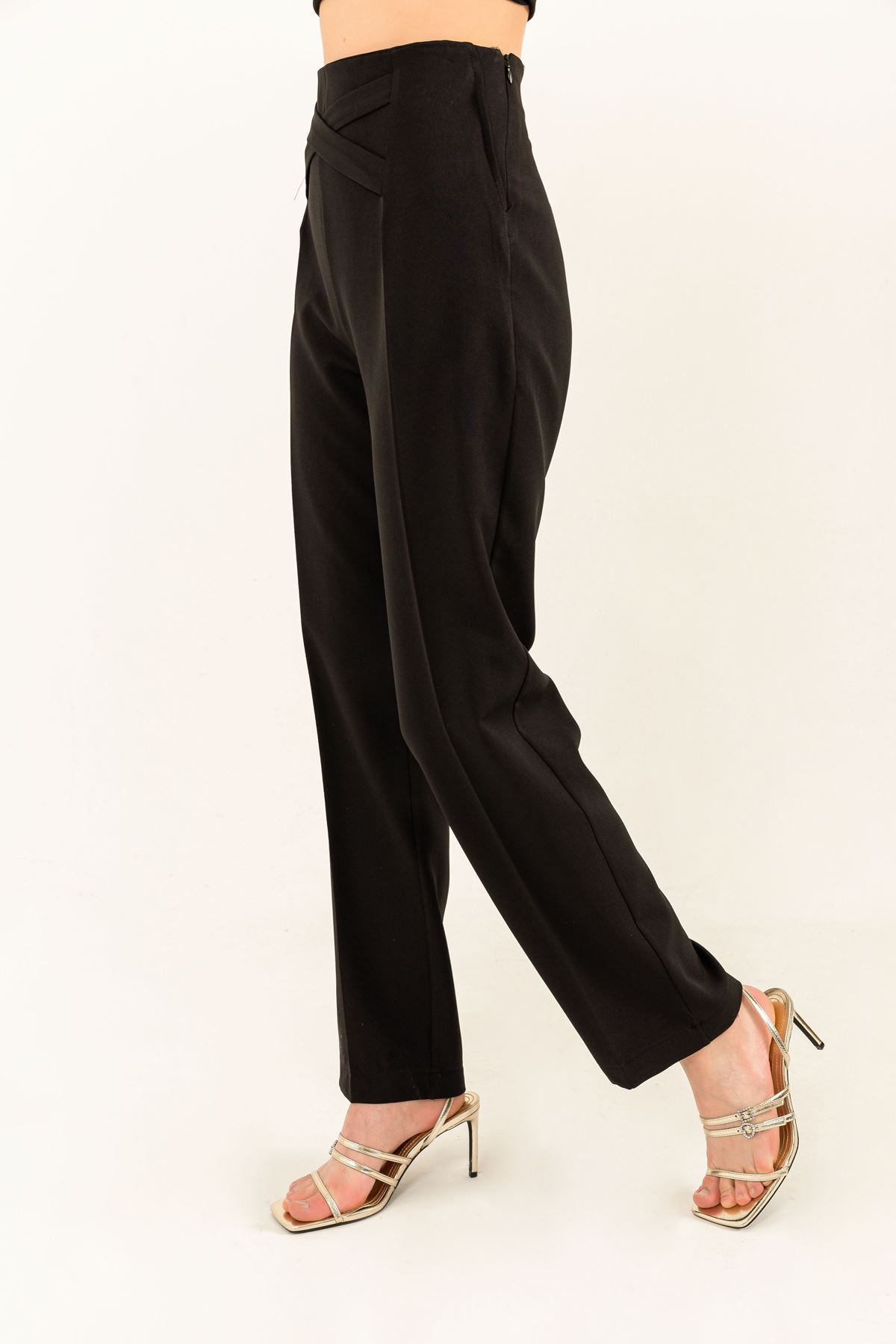 Atlas Kumaş Uzun Boy Bel Detaylı Klasik Kadın Pantolon-Siyah