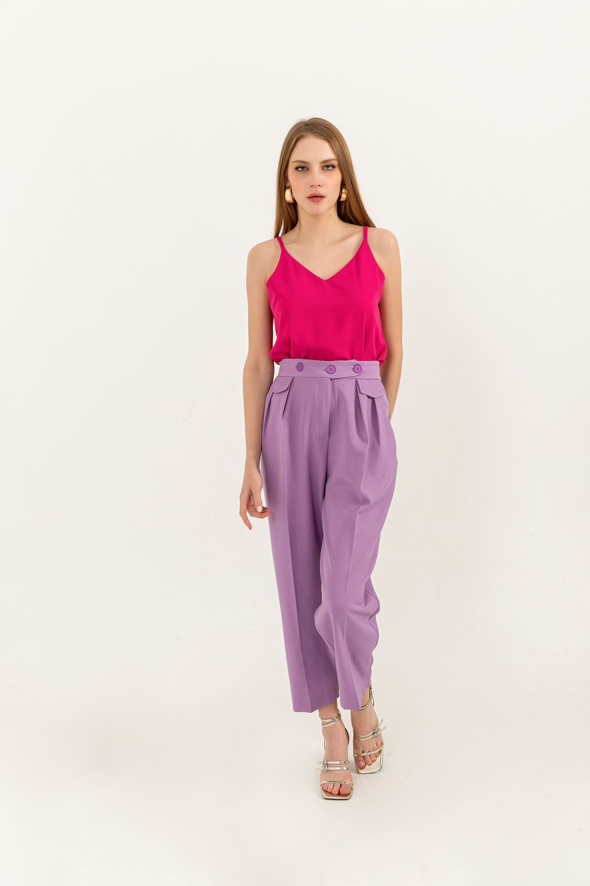 Atlas Fabric Ankle Length Carrot Style Women Trouser-Lilac