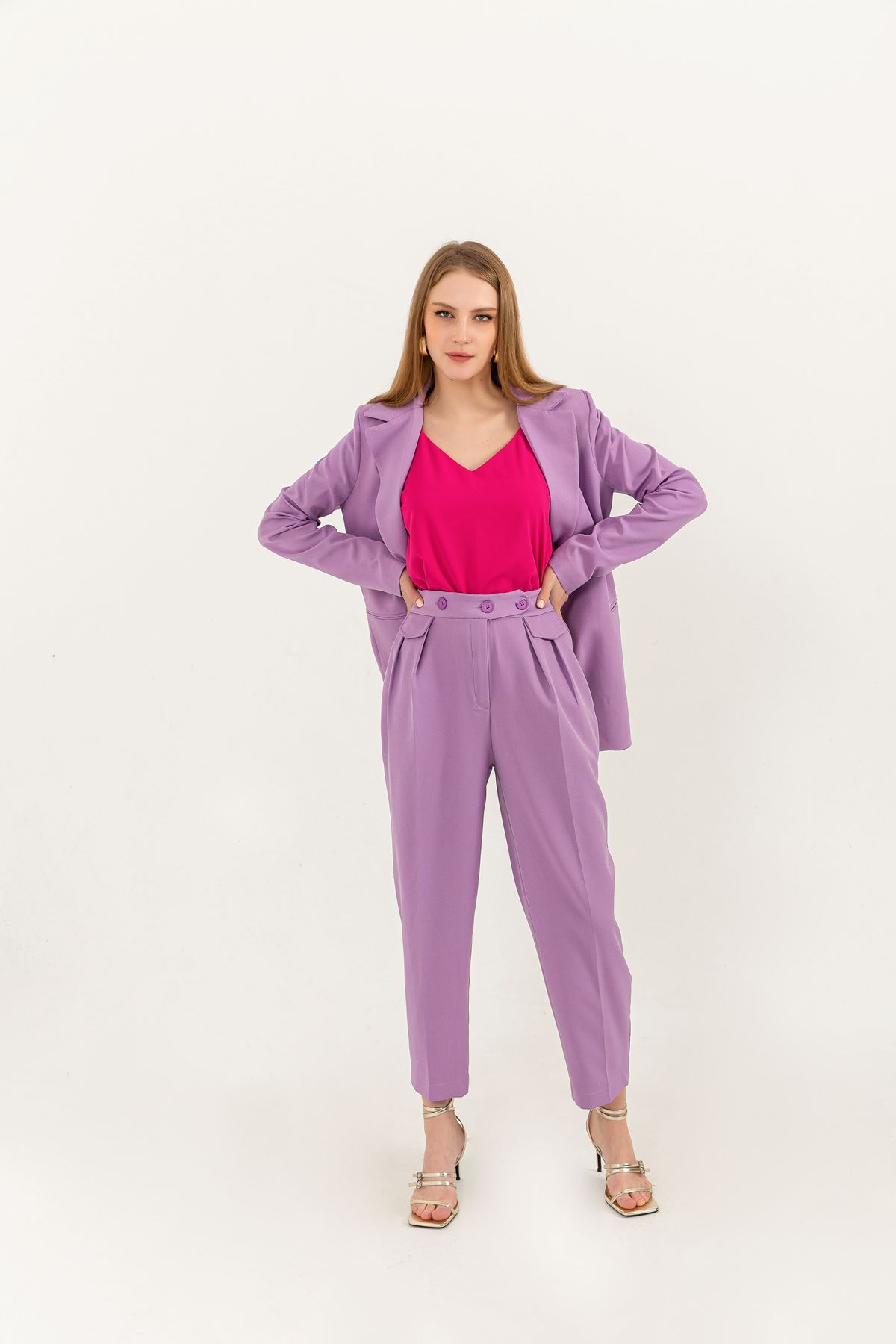Atlas Fabric Ankle Length Carrot Style Women Trouser-Lilac