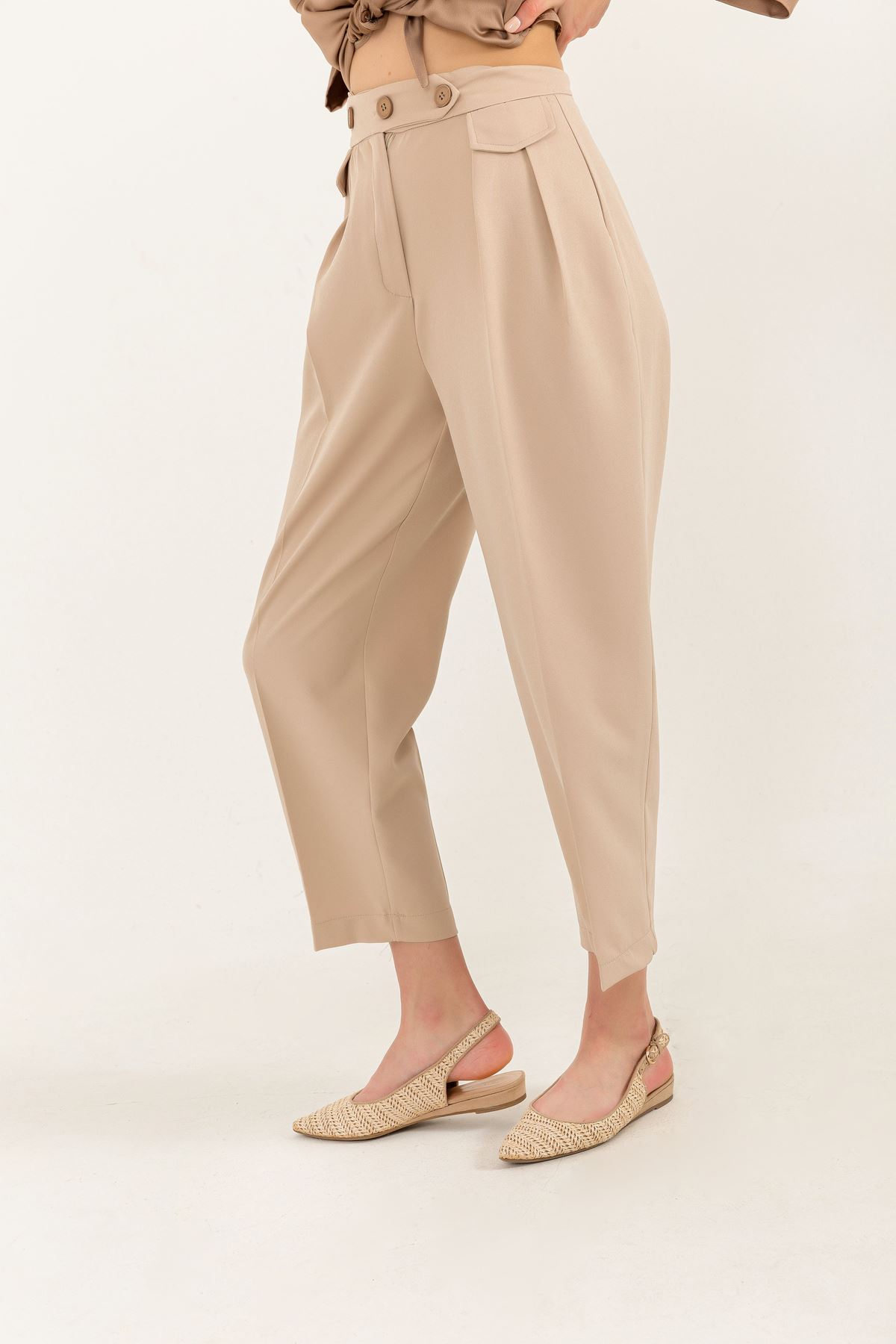 Atlas Fabric Ankle Length Carrot Style Women Trouser-Beige