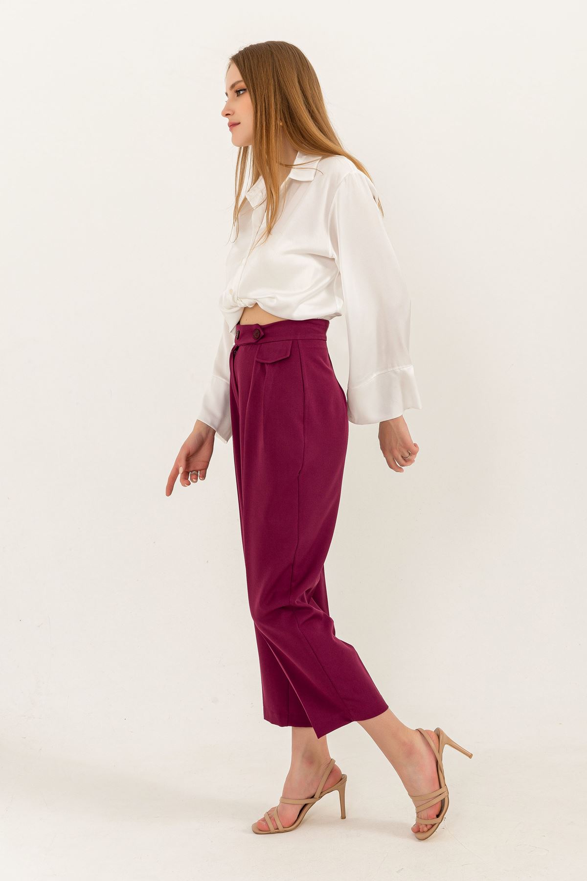 Atlas Fabric Ankle Length Carrot Style Women Trouser-Plum 