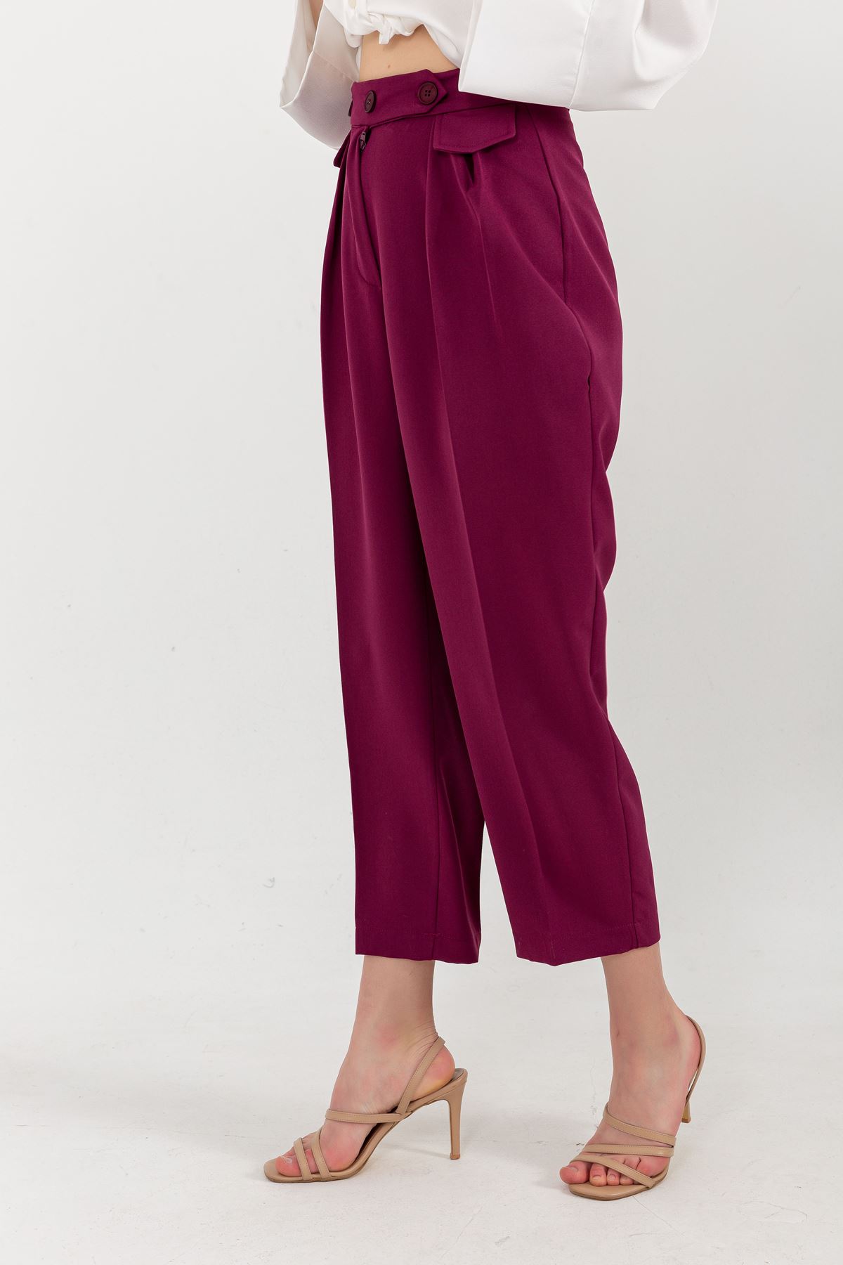 Atlas Fabric Ankle Length Carrot Style Women Trouser-Plum 