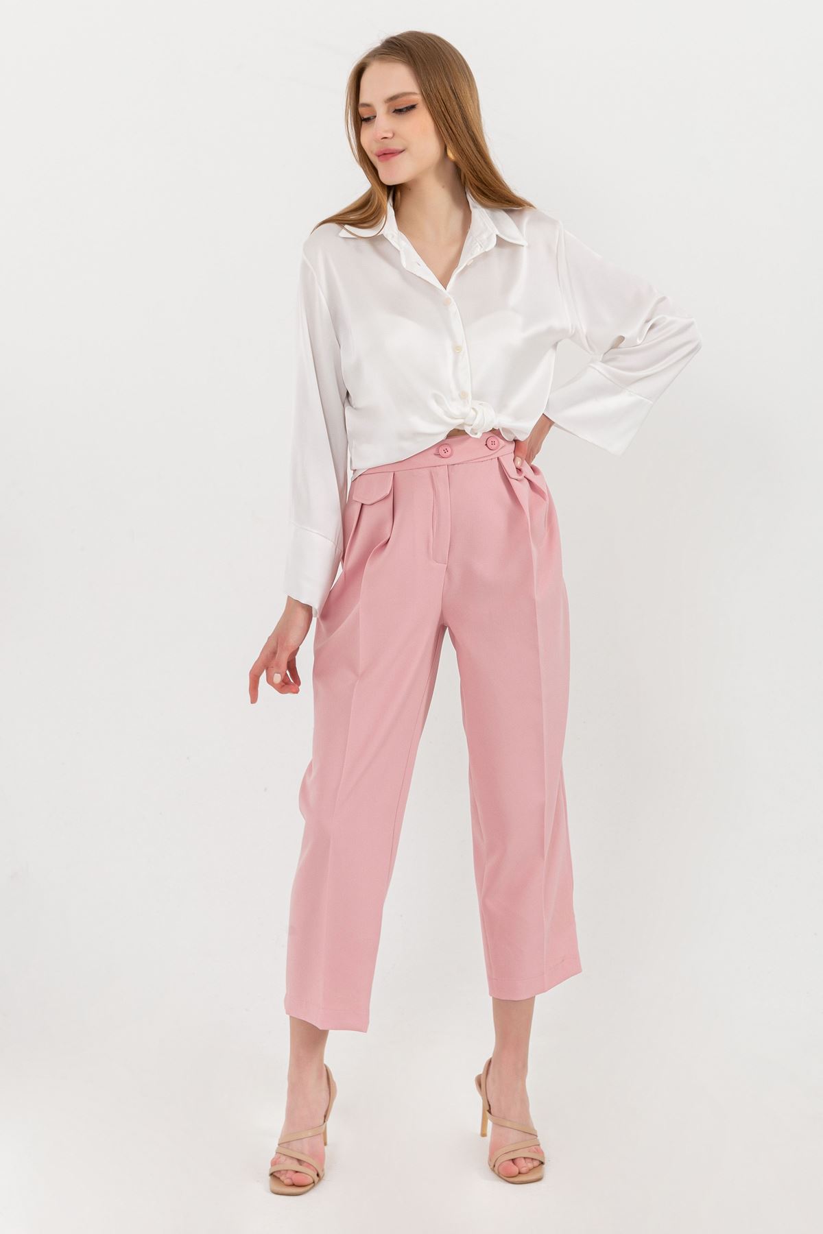 Atlas Fabric Ankle Length Carrot Style Women Trouser-Light Pink