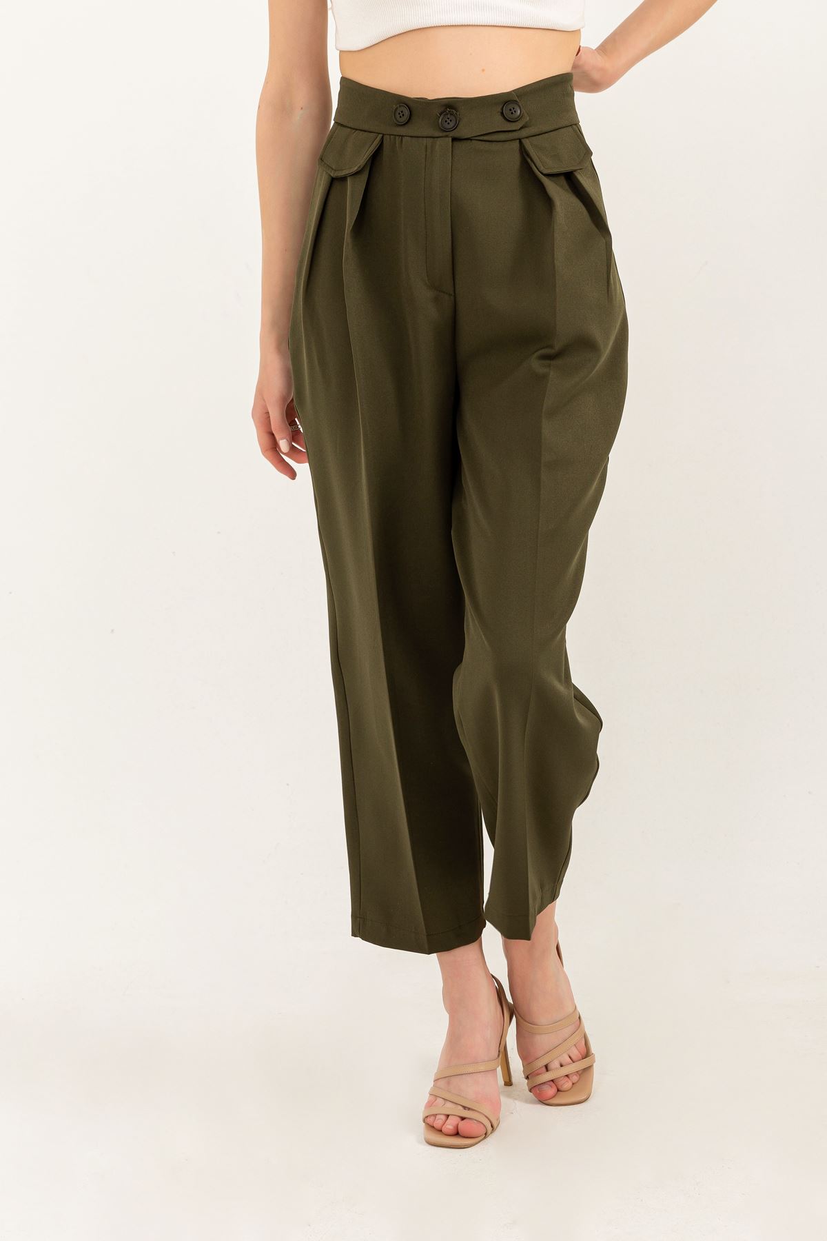 Atlas Fabric Ankle Length Carrot Style Women Trouser-Khaki 