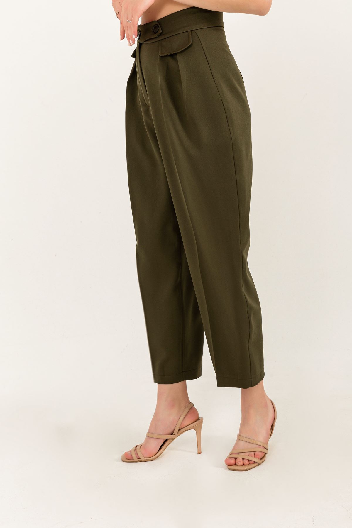Atlas Fabric Ankle Length Carrot Style Women Trouser-Khaki 