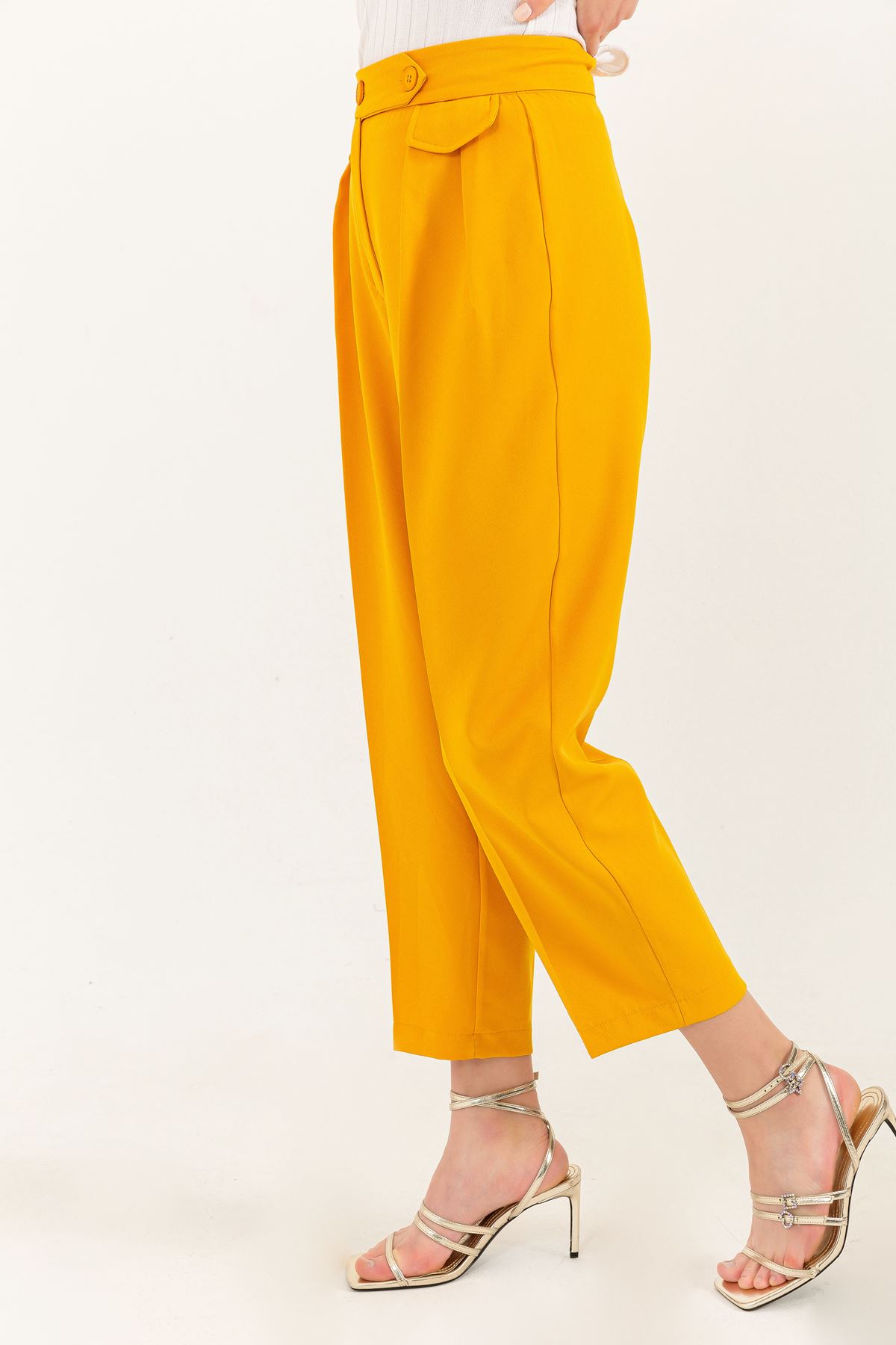 Atlas Fabric Ankle Length Carrot Style Women Trouser-Mustard