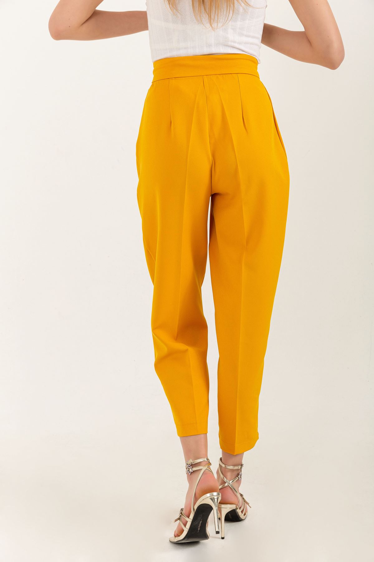 Atlas Fabric Ankle Length Carrot Style Women Trouser-Mustard