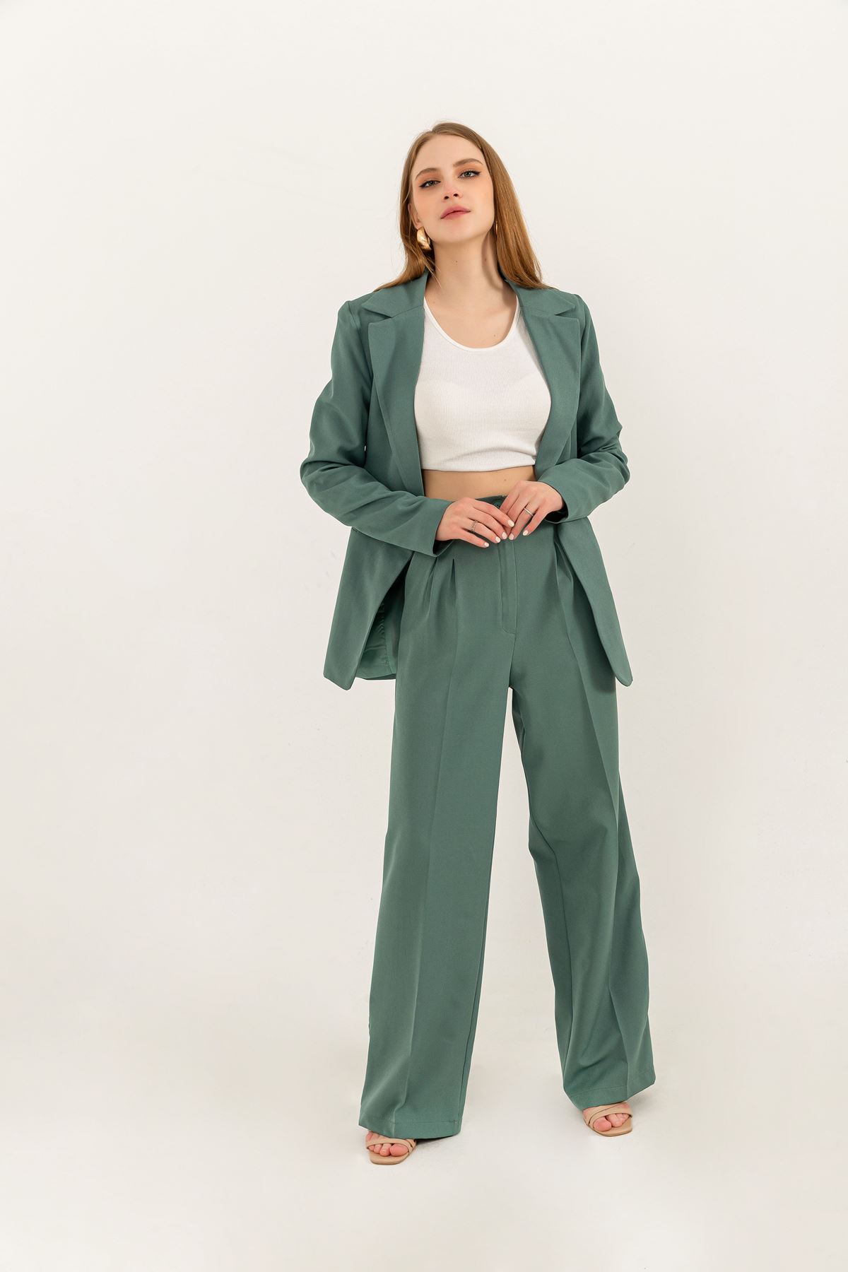 атлас ткань длинный рукав оверсайз женский пиджак-горчикновый зеленый 