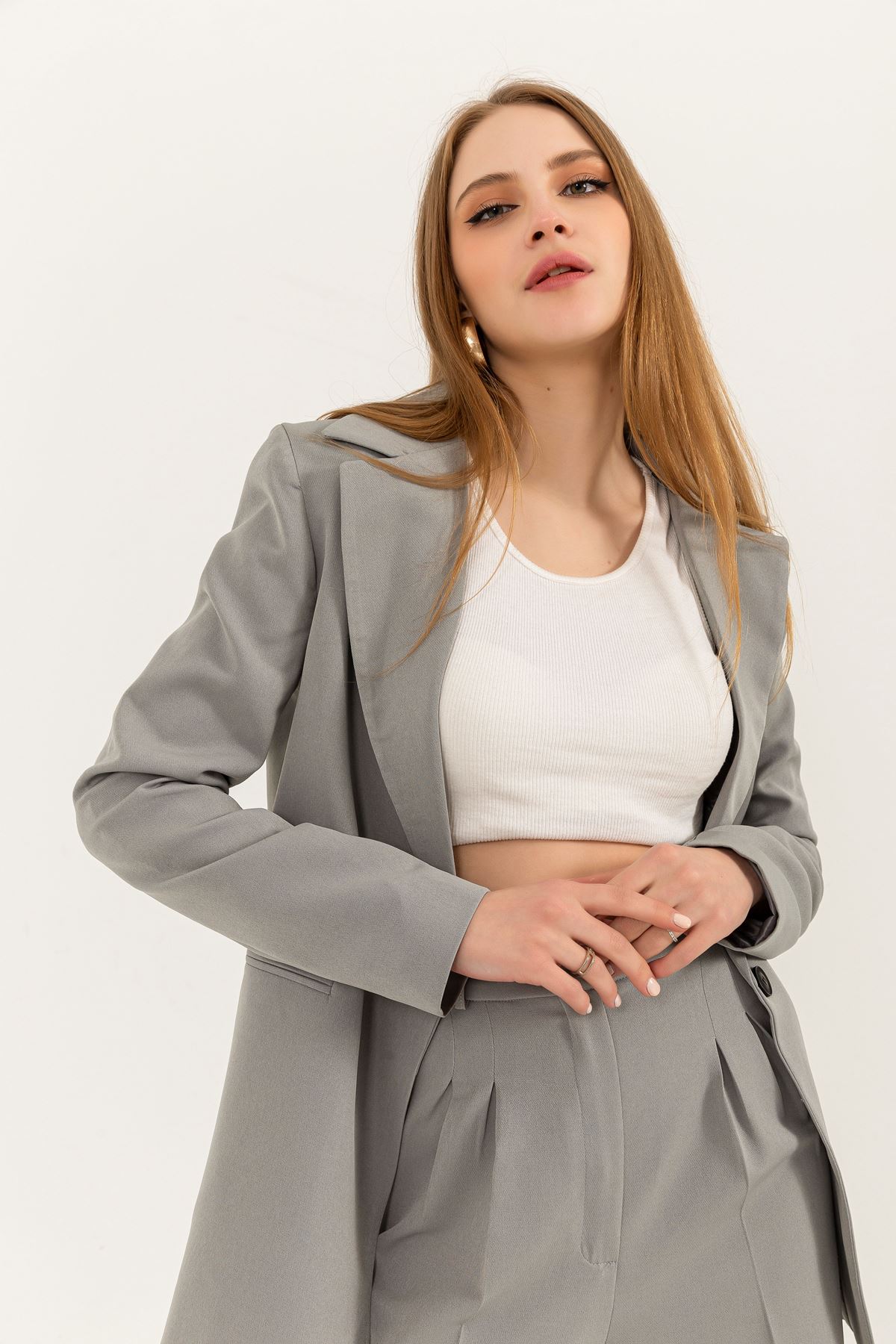 атлас ткань длинный рукав оверсайз женский пиджак-Серый