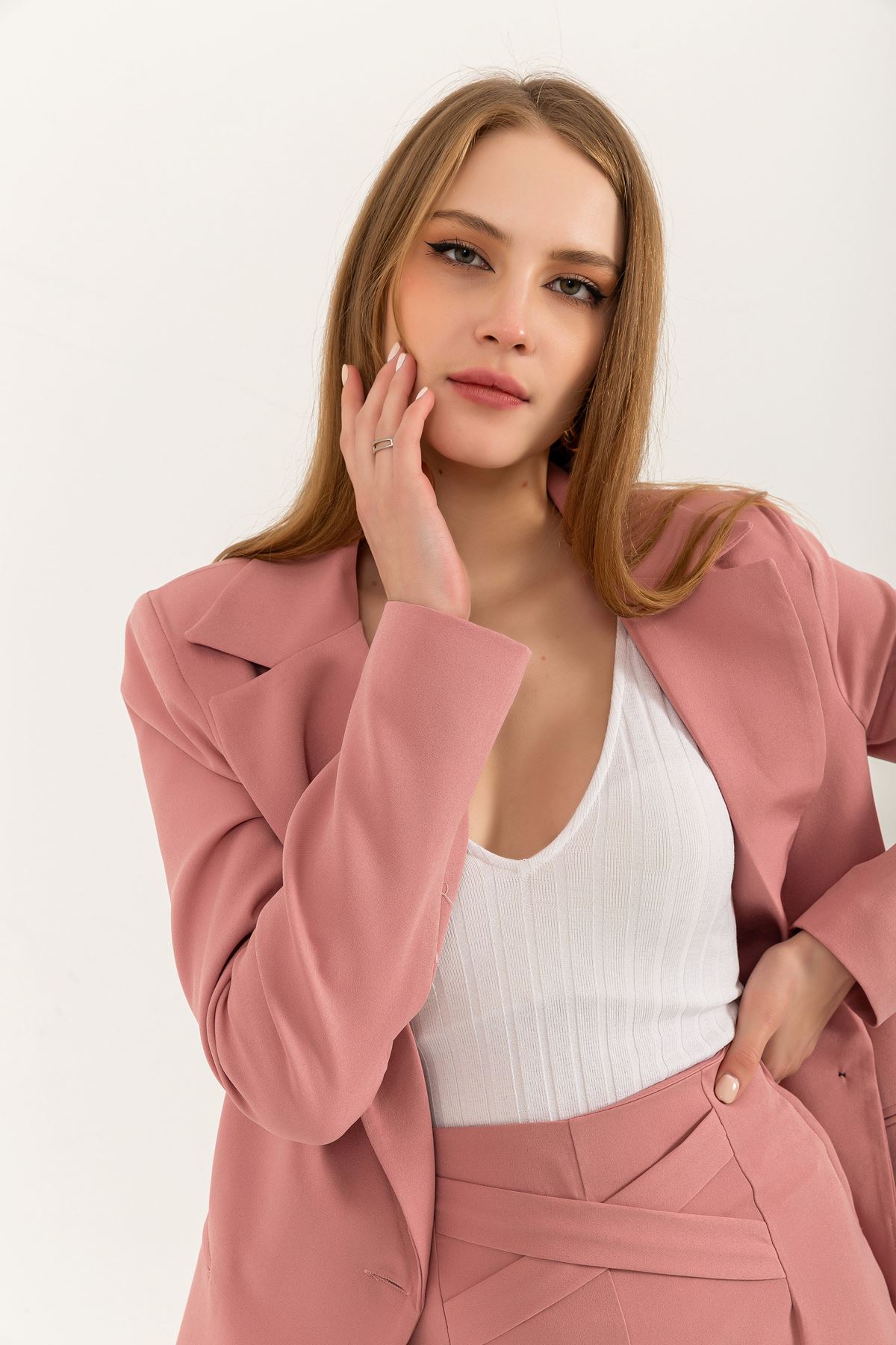 Atlas Fabric Long Sleeve Oversize Women Jacket-Light Pink