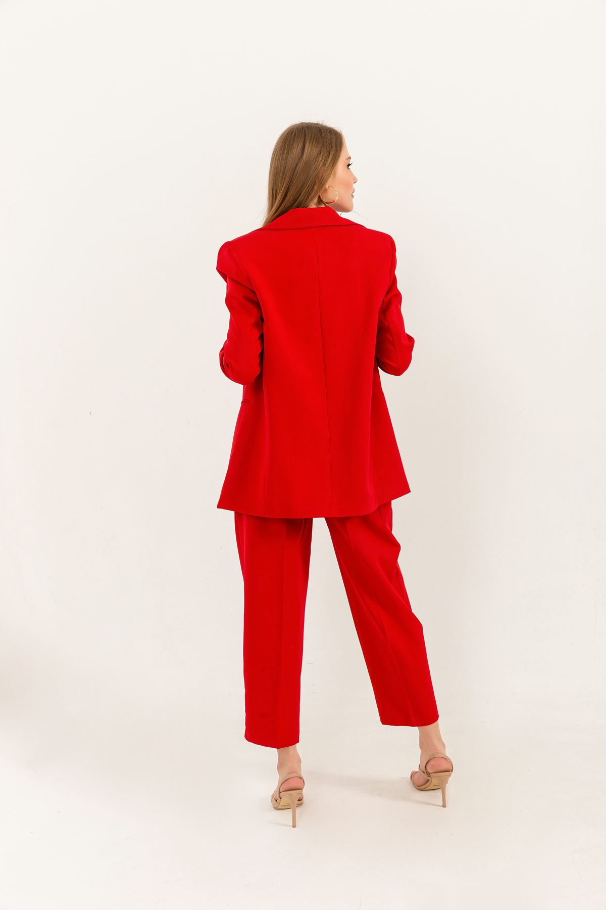 атлас ткань длинный рукав оверсайз женский пиджак-Kрасный