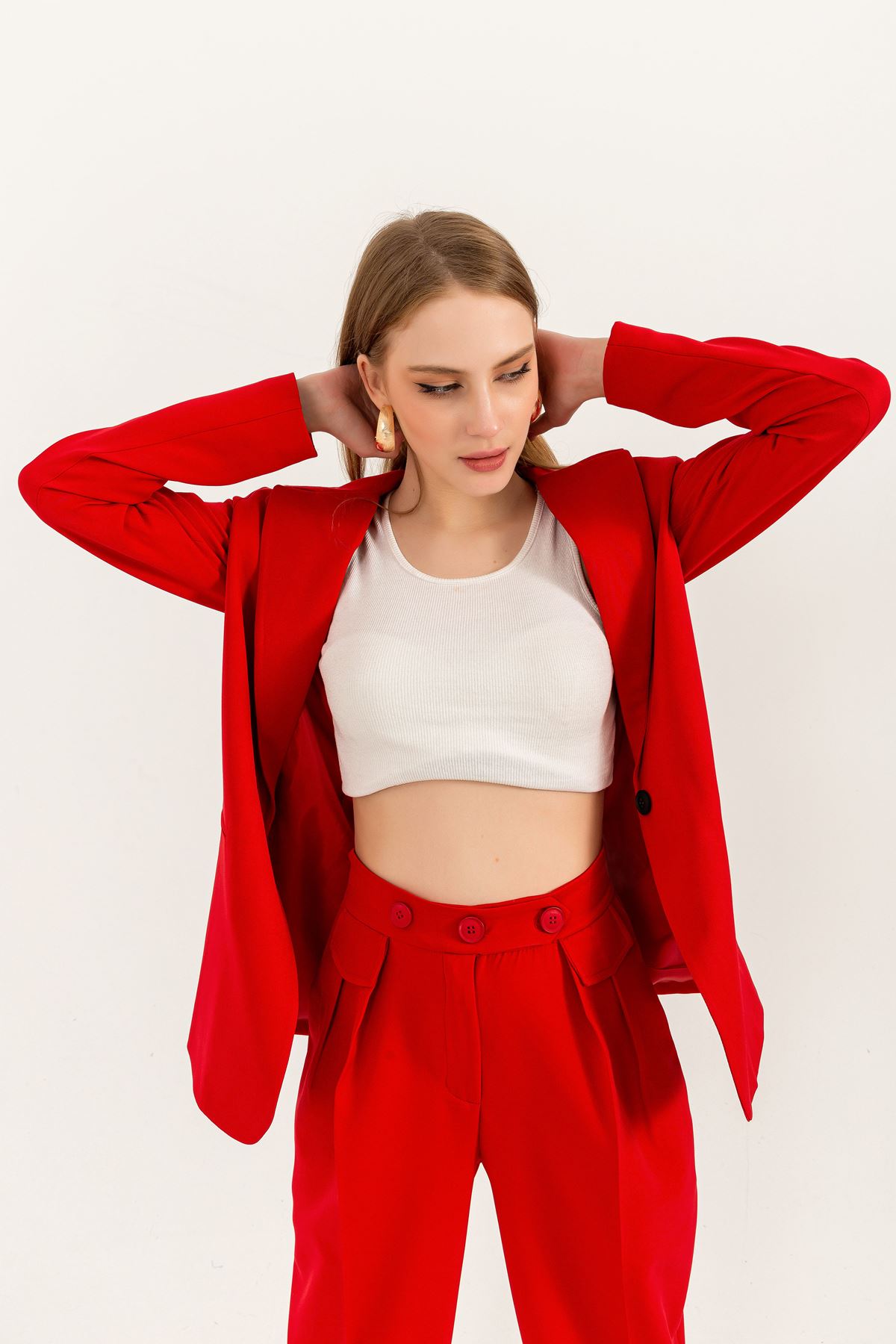 Atlas Fabric Long Sleeve Oversize Women Jacket-Red