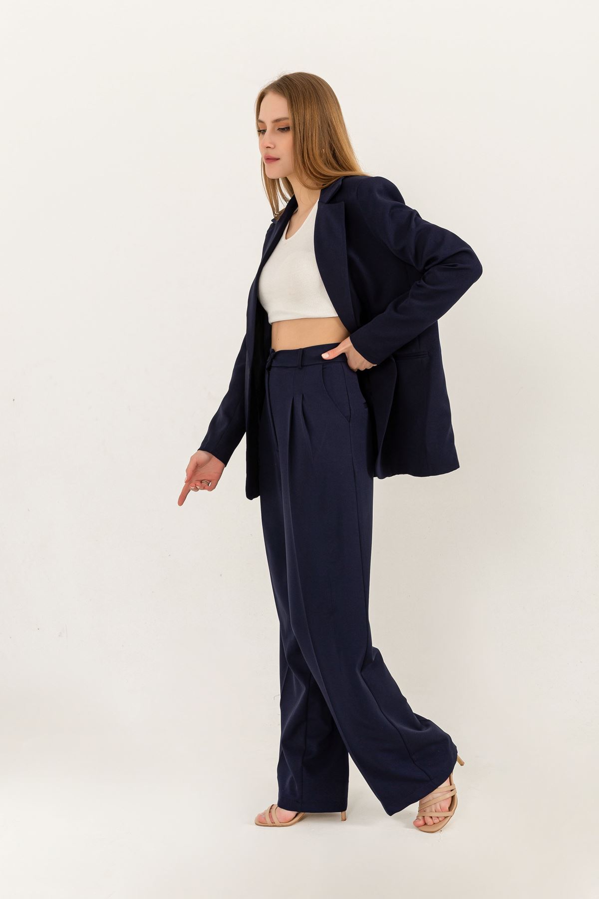атлас ткань длинный рукав оверсайз женский пиджак-Темно синий
