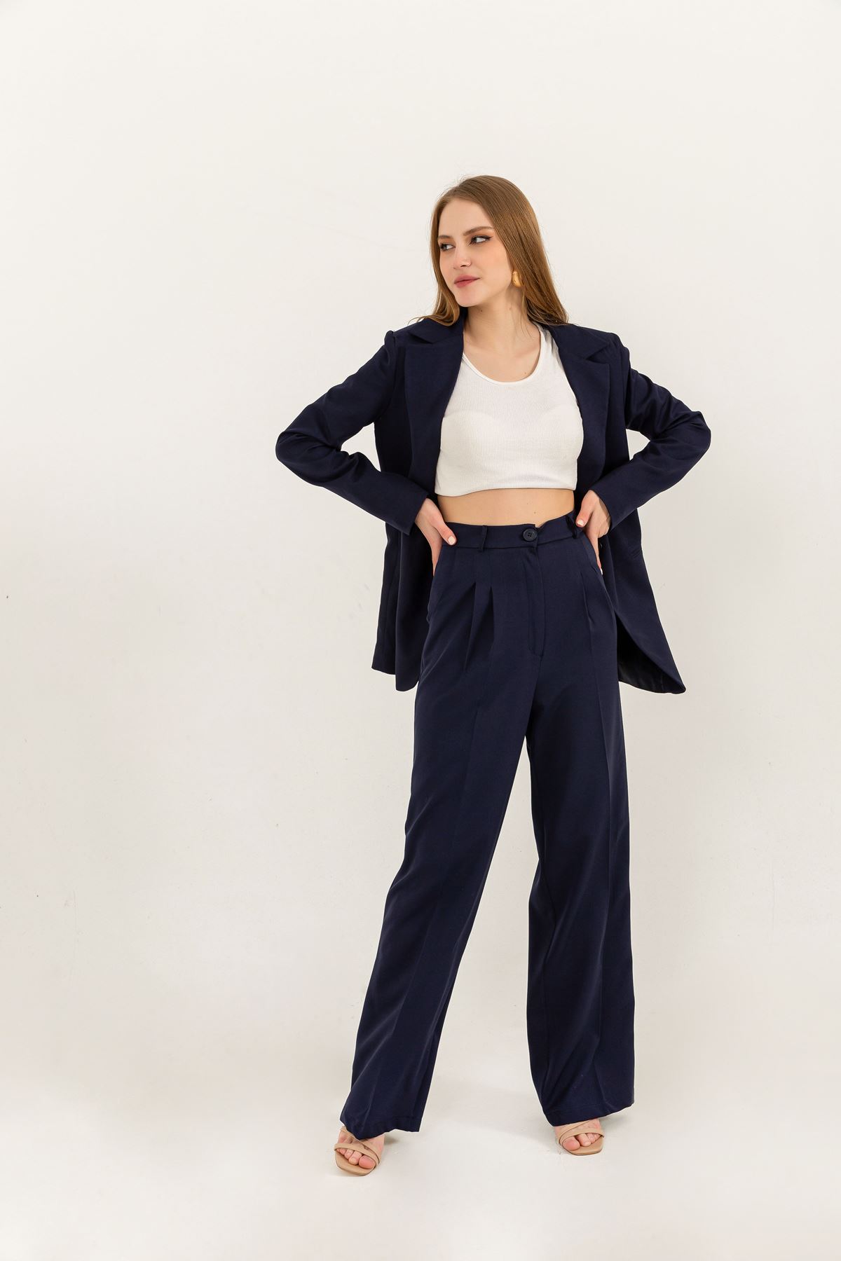 Atlas Fabric Long Sleeve Oversize Women Jacket-Navy