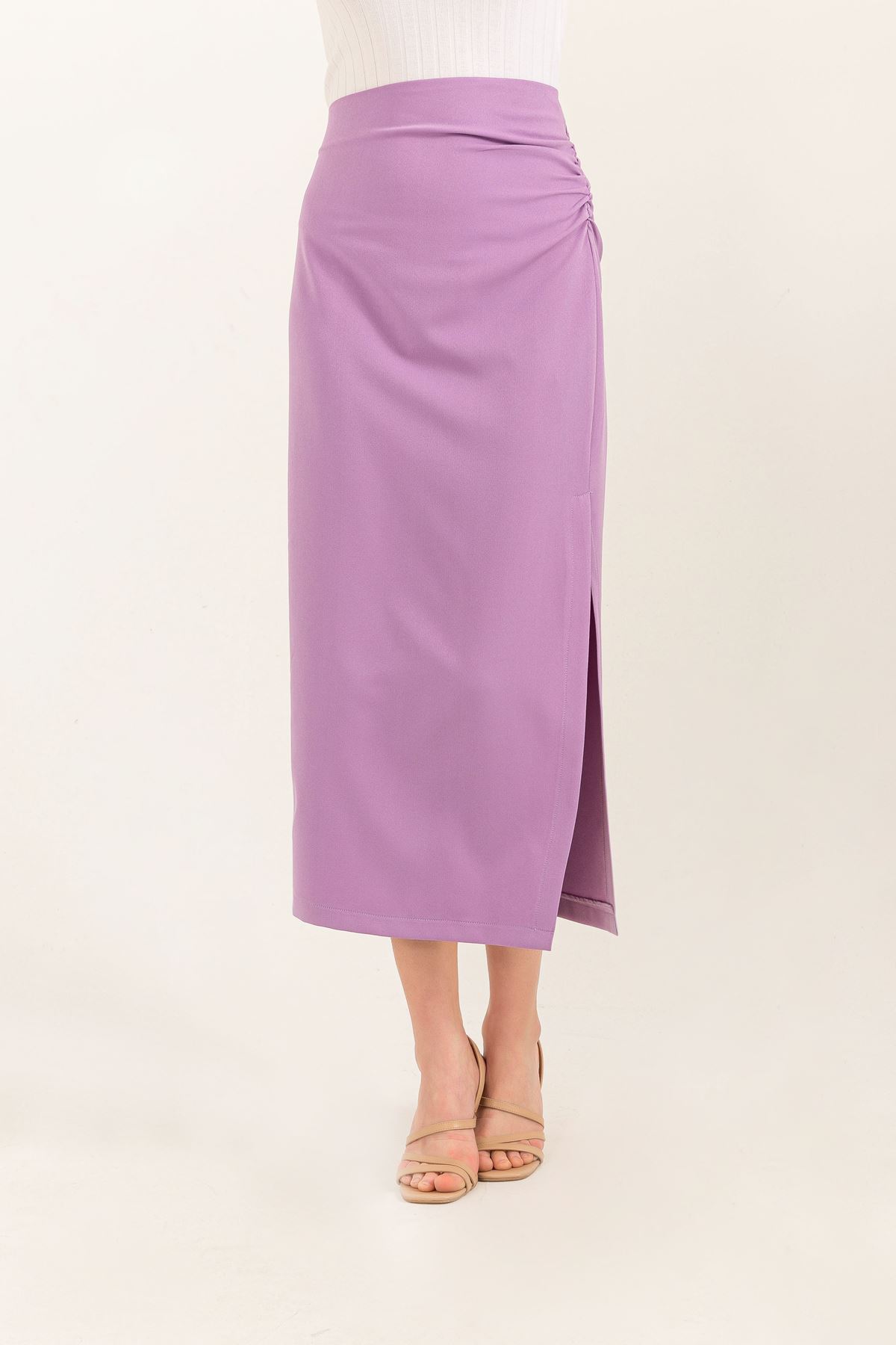 атлас ткань длинная женская юбка с разрезом-Лиловый