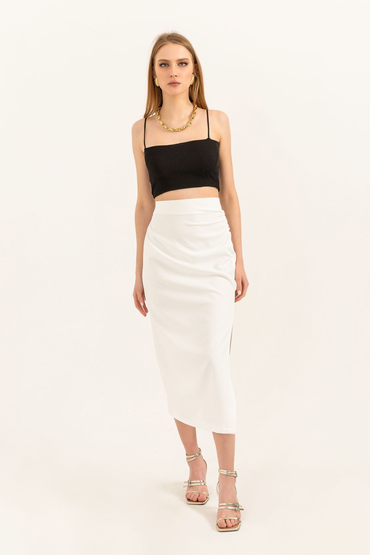 Atlas Fabric Long Shirred Slit Skirt-Ecru