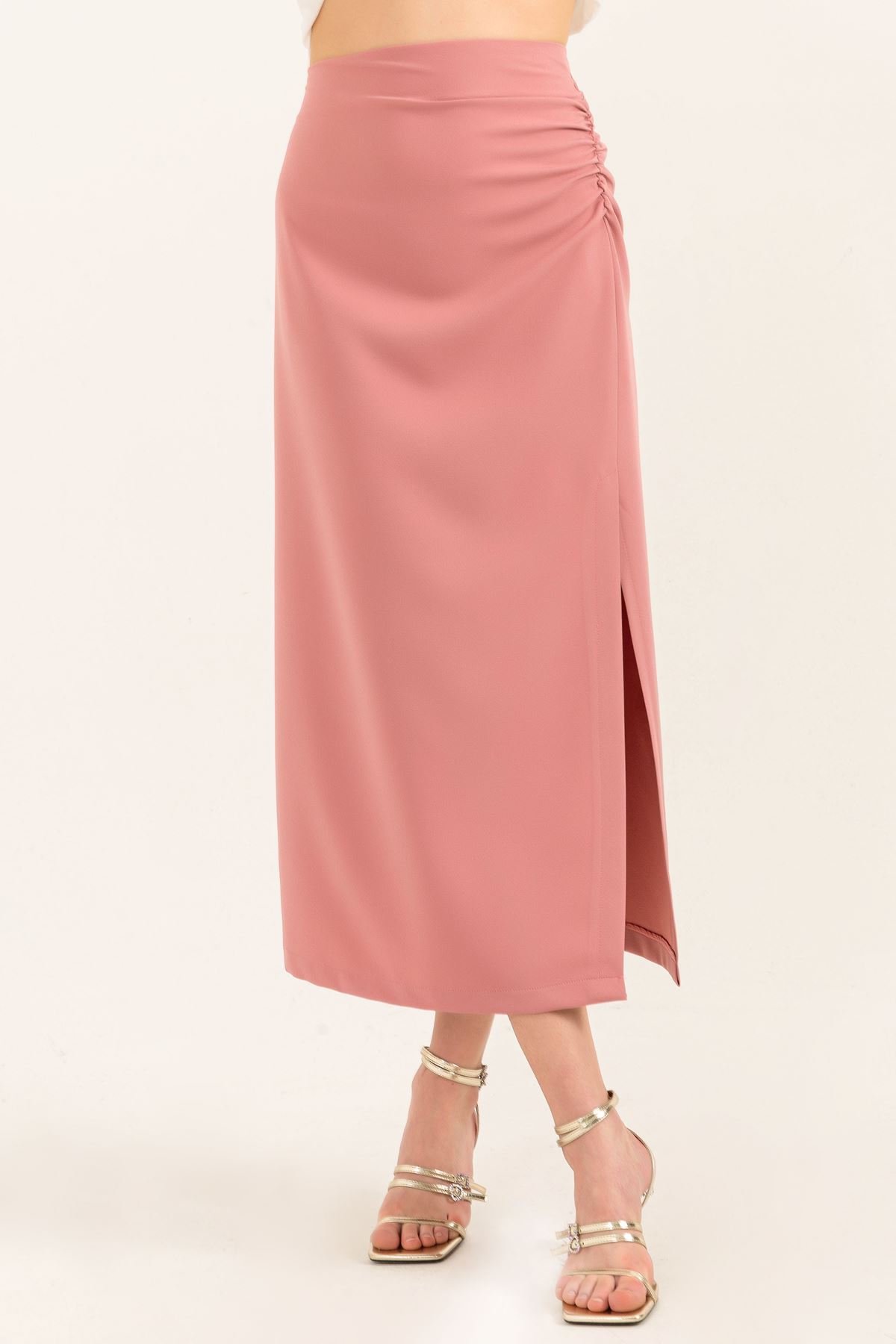 Atlas Fabric Long Shirred Slit Skirt-Rose